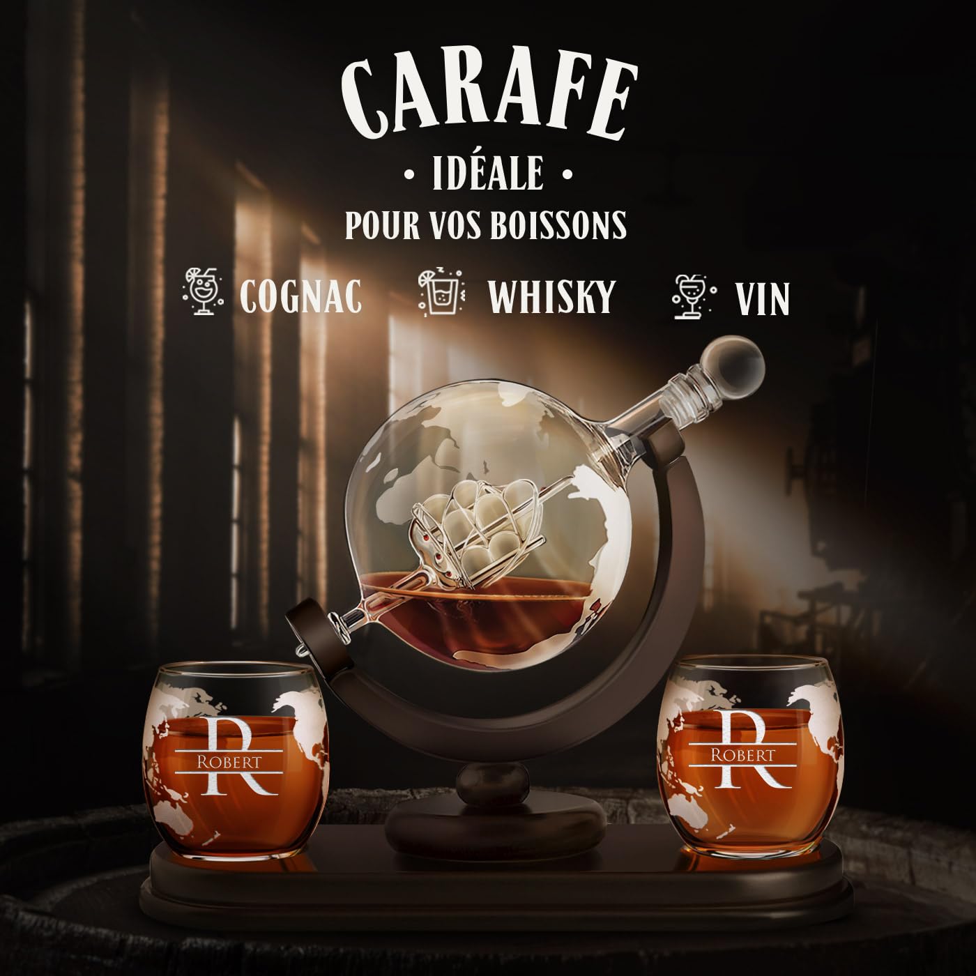 Maverton Ensemble de Carafe Globe avec 2 verres gravés à whisky - Whiskey Set pour chaque gentleman - Cadeau d’anniversaire pour les hommes - Décanteur et 2 verres - Initiale