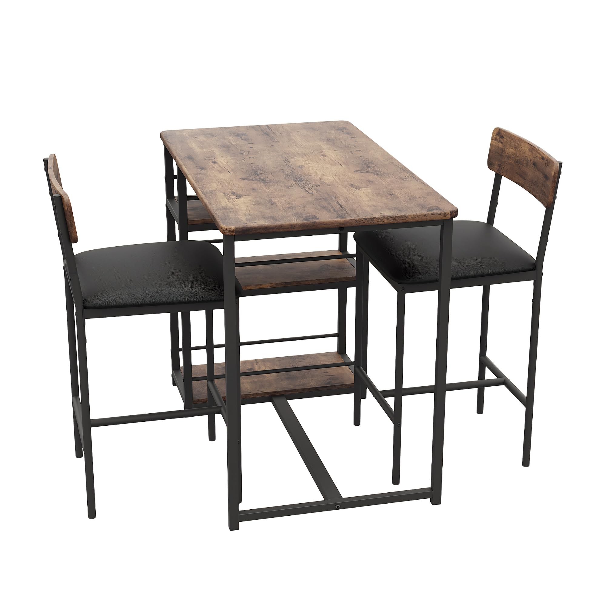 Juego de barra de desayuno compacta de 3 piezas para espacios pequeños, incluye mesa de almacenamiento y 2 taburetes de piel sintética con respaldo alto, acabado negro para cocinas modernas