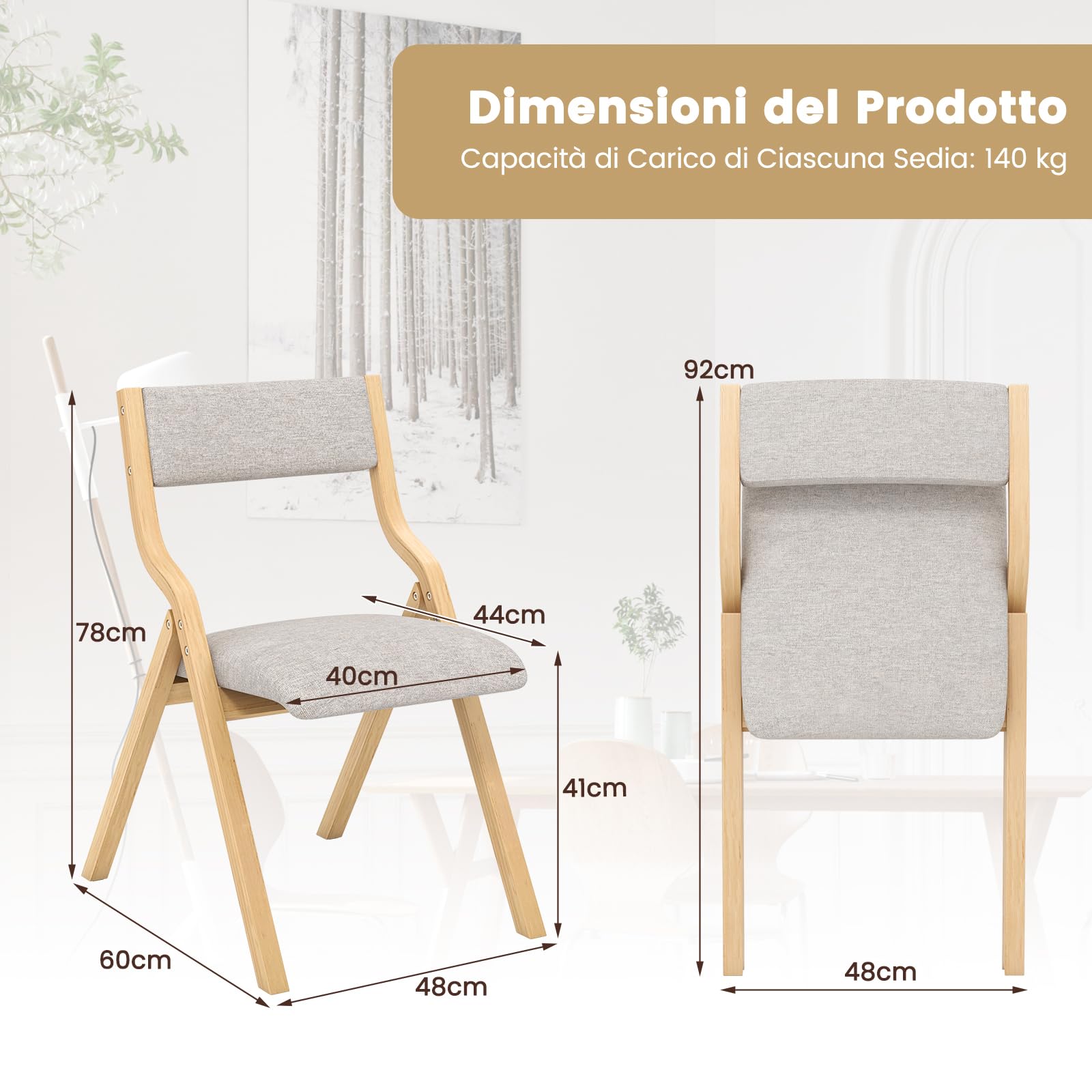 COSTWAY Set di 2 Sedie da Pranzo Pieghevoli, Sedie Imbottite con Telaio in Legno Massello e Sedile Imbottito in Tessuto di Lino, Aspetto Moderno Senza Braccioli per Cucina e Soggiorno (Naturale)