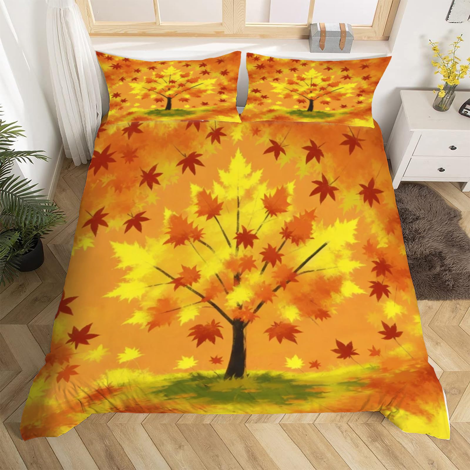 Herbst Blätter Bettwäsche Mikrofaser - Ahornblatt Design 155x220cm Mit 2 Kissen 80x80cm
