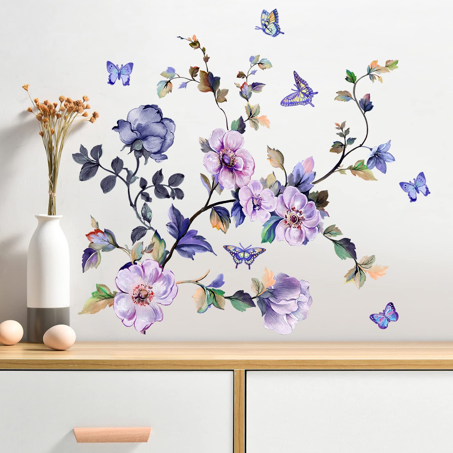 Romantico acquerello floreale decalcomania da parete bouquet viola adesivo da parete fai da te rimovibile Peel and Stick fiore arte murale per soggiorno camera da letto comodino ingresso studio
