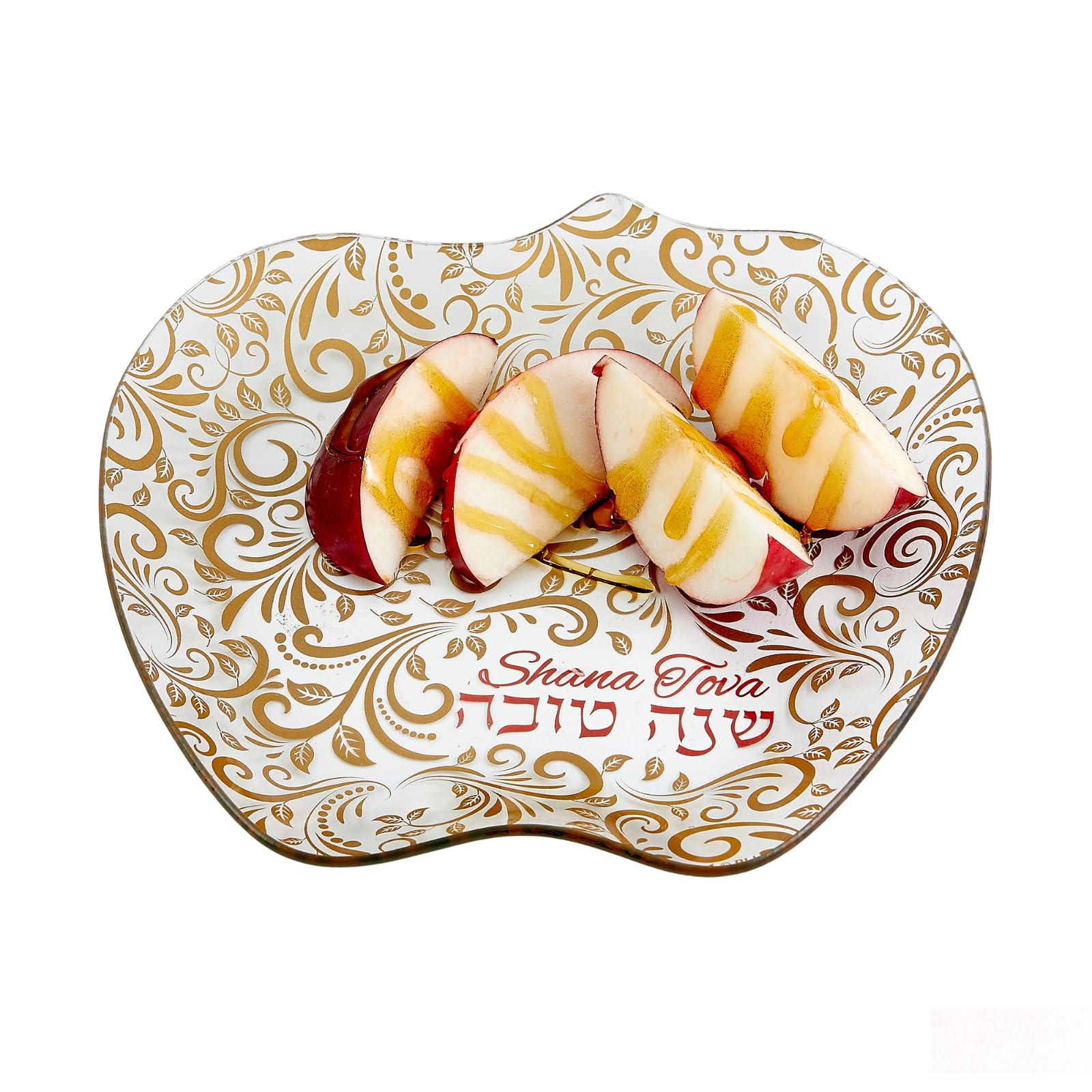 Rite Lite Rosh Apple & Honey Plate - Jewish New Year Holiday Party Favors Gifts Shana Tova Judaica Home Decor Hostess Cooking Kitchen Accessories Table Decorations (Gold & Red)