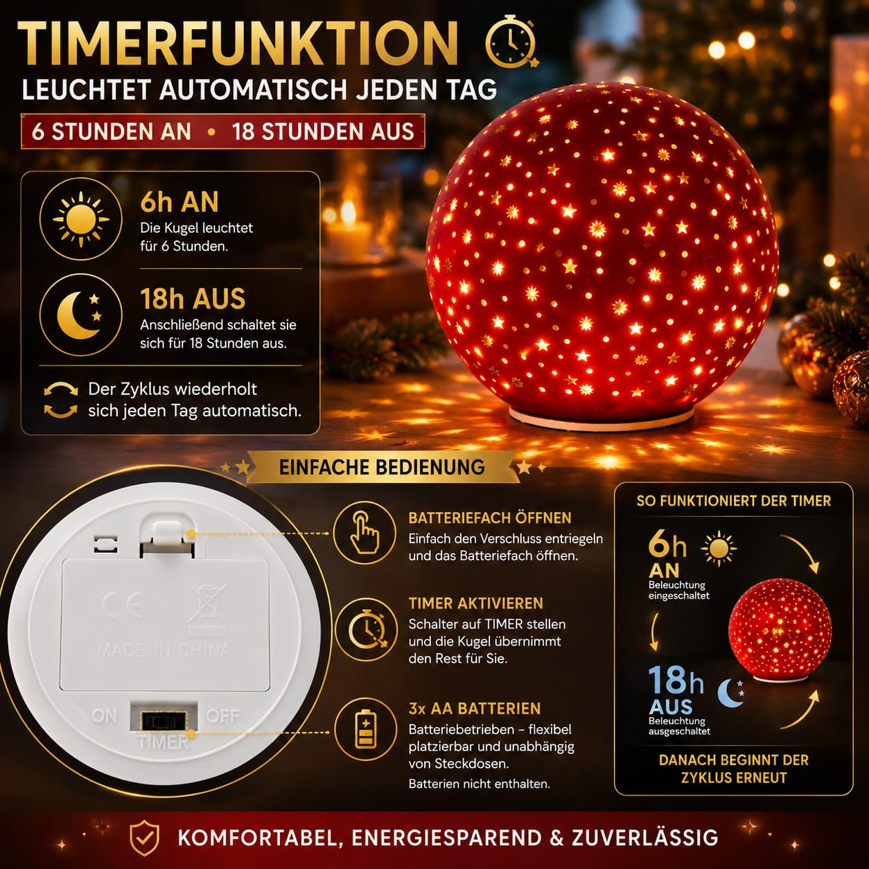 formano Świecąca kula LED, 20 cm, obracana z timerem, dekoracja