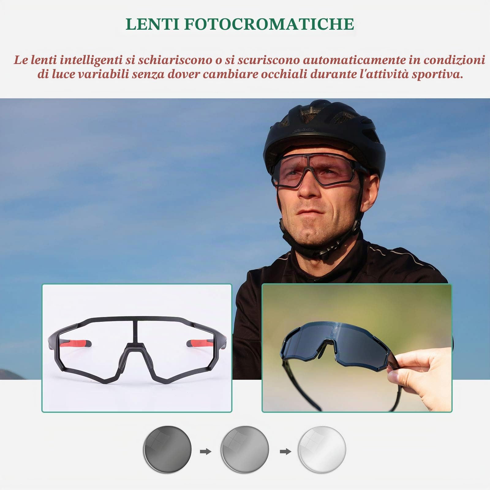 ROCKBROS Occhiali da Ciclismo Sportivi Anti-UV400, Occhiali Fotocromatici da Sole per MTB Bici, Uomo Donna, PC Lenti Trasparenti, Leggero Nero