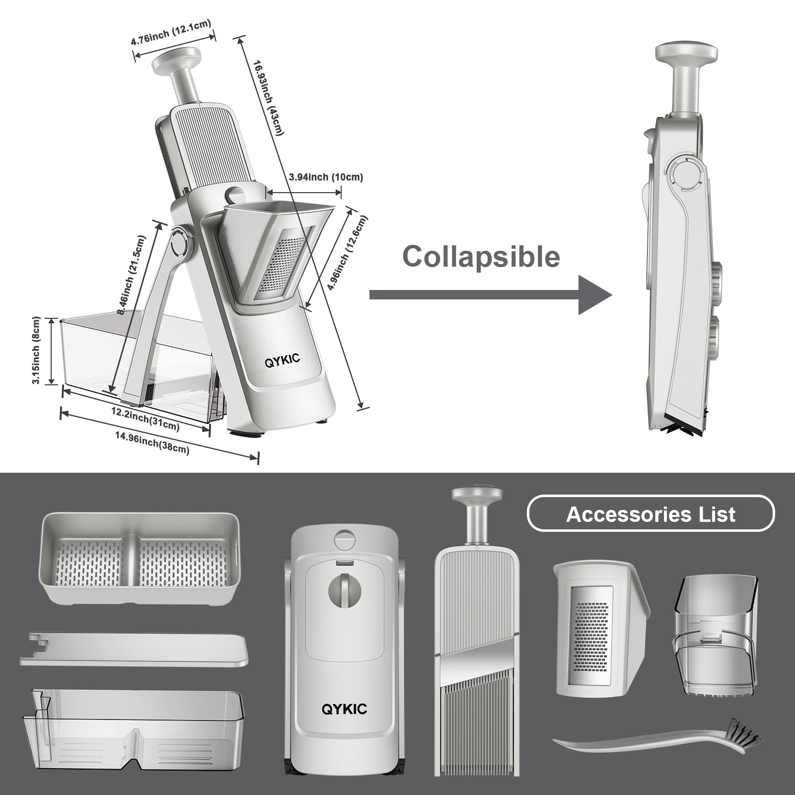 QYKIC Gemüseschneider, ONCE FOR ALL Verstellbar Gemüsehobel Mandoline Vegetable Slicer Kartoffelschneider Zwiebelschneider (Hellgrau)
