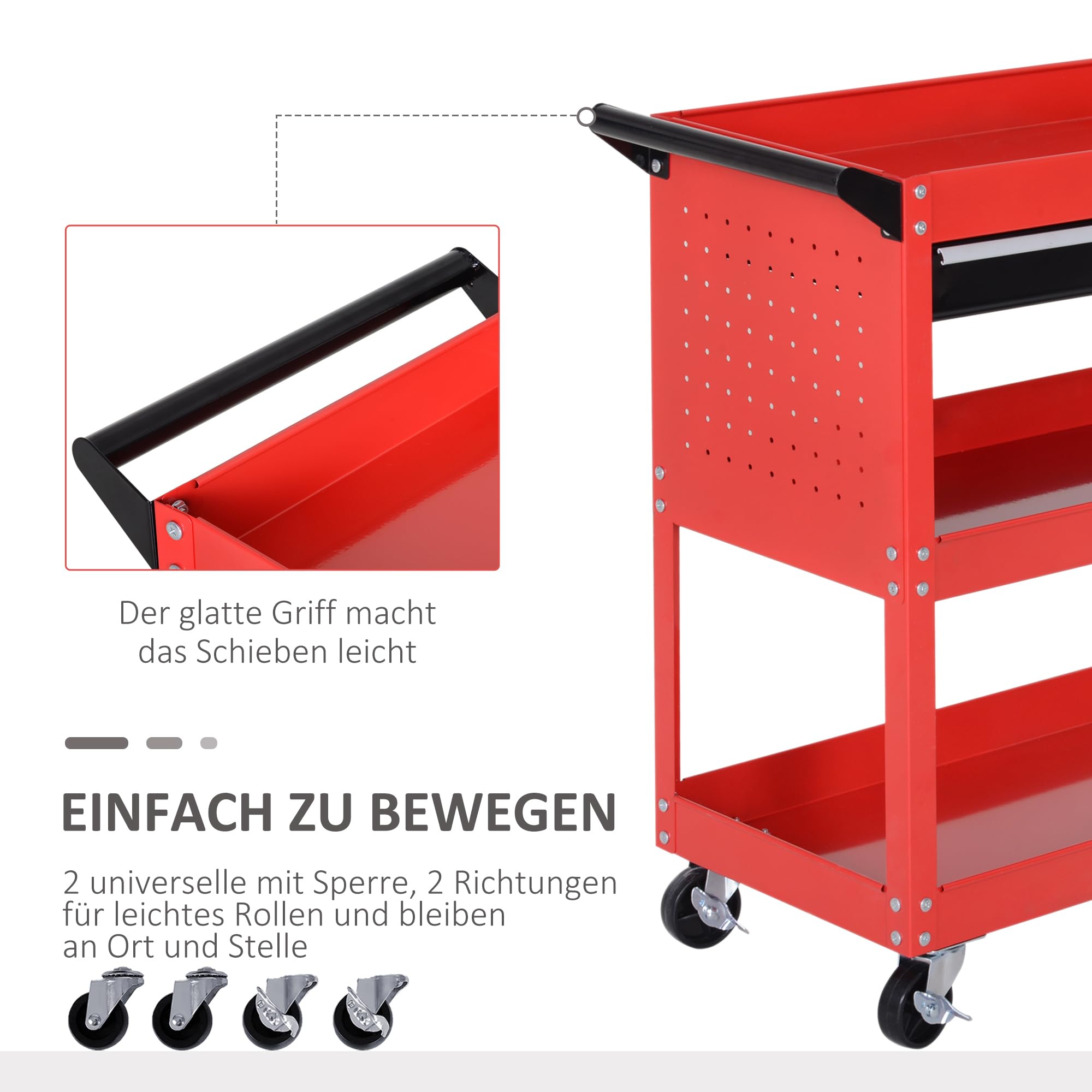 HOMCOM Werkstatt-Rollwagen, Werkzeugwagen mit 3 Ebenen, Transportwagen mit Schublade, Montagewagen für Garage, Lagerhaus, max. 60 kg Belastbar, Rot