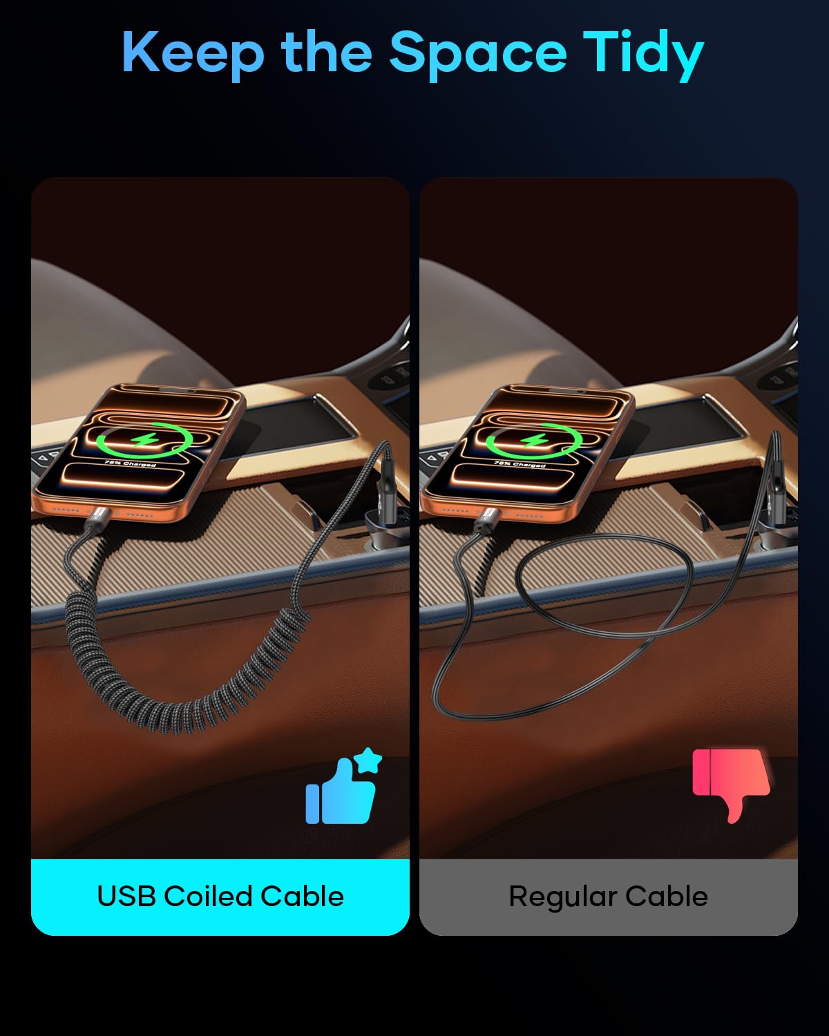 Zestiq Cavo USB C Spirale, 【0.4M-0.9M】 Cavo Retrattile USB Tipo C per Carplay, Cavo di Ricarica USB A a Tipo C Android Auto Compatibile con iPhone 17, 16, 15, iPad, Samsung Galaxy, Google Pixel-Nero