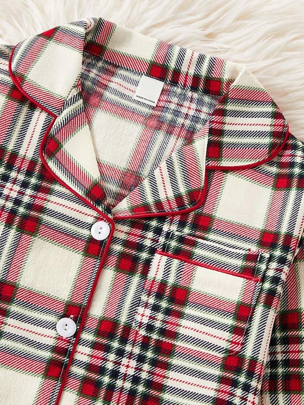 PABROS Girl's Cotton Lycra Pajama Set, Button-Down Long Sleeve Top with Pants, Checkered Pattern, Summer Loungewear Sleepwear Cream 1