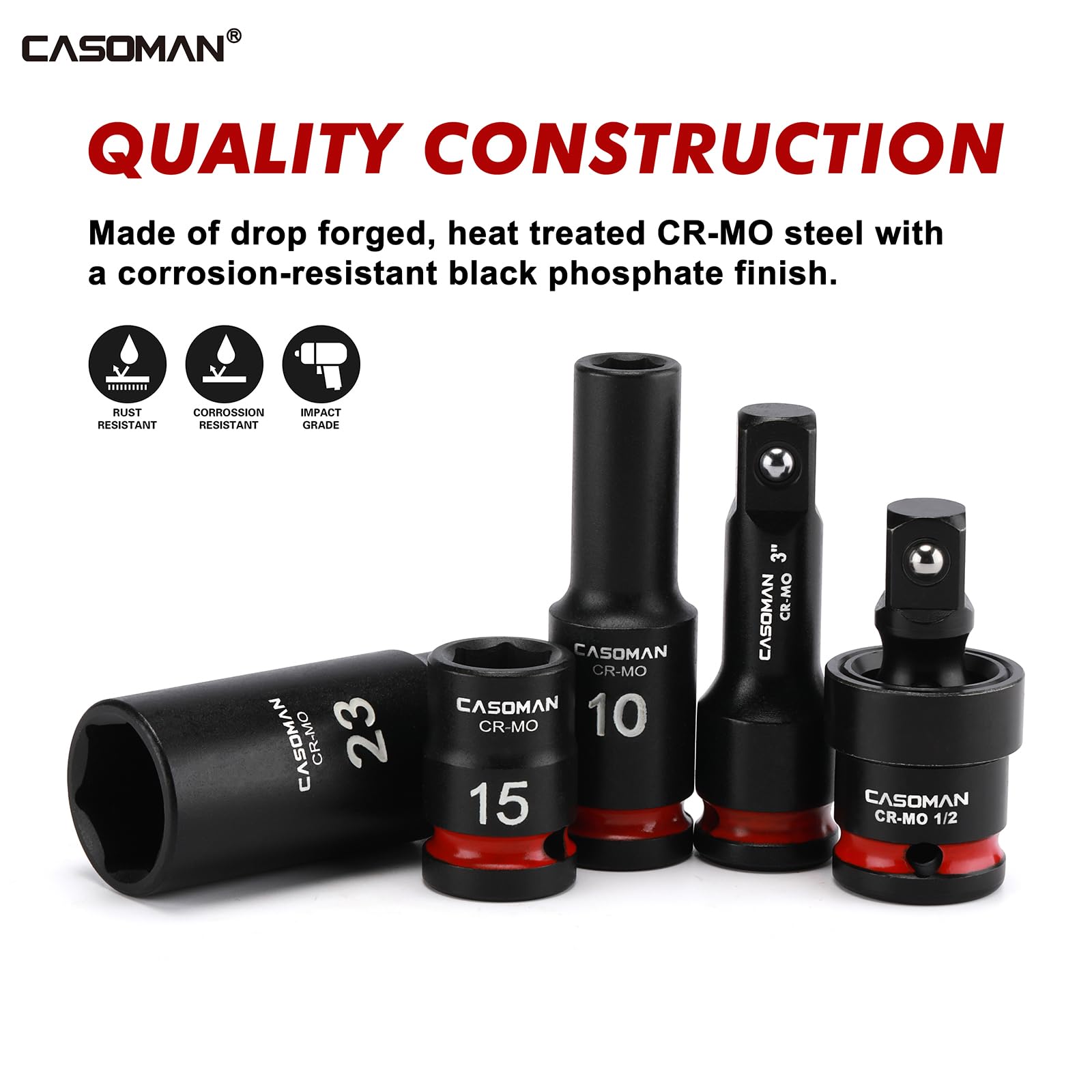 CASOMAN 43-Piece 1/2" Drive Master Impact Socket Set, Deep and Shallow, 6-Point, Metric, 9mm, 30mm, CR-MO Steel - Image 4