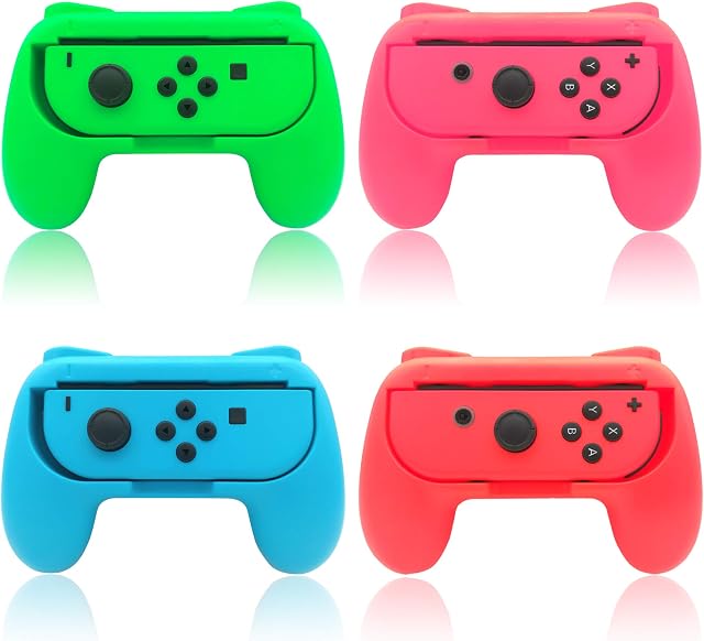 FYOUNG Controller Hand Grip Compatible with Joy Con for Switch & OLED Model Version, Rubber Surface Comfort Remote Holder Accessories (4 Pack) - Red, Blue, Green, Pink