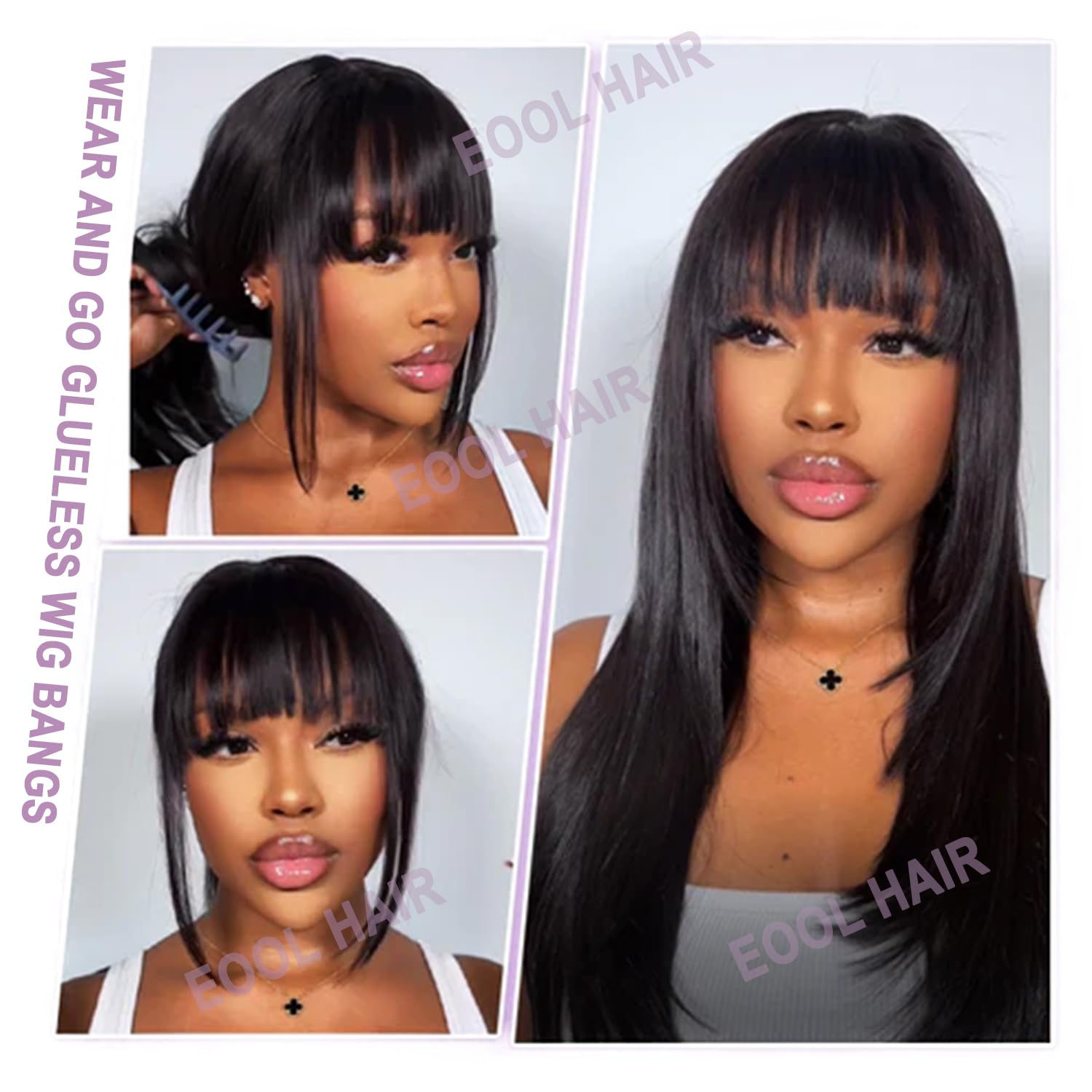 Silky straight Layered Cut Face-Farming Human hair Wig With bangs For Black Women 250% Density 2X4 HD Lace Closure Wear And Go Glueless Bang Wig Human Hair Effortlessly Chic For Beginner 16 Inch