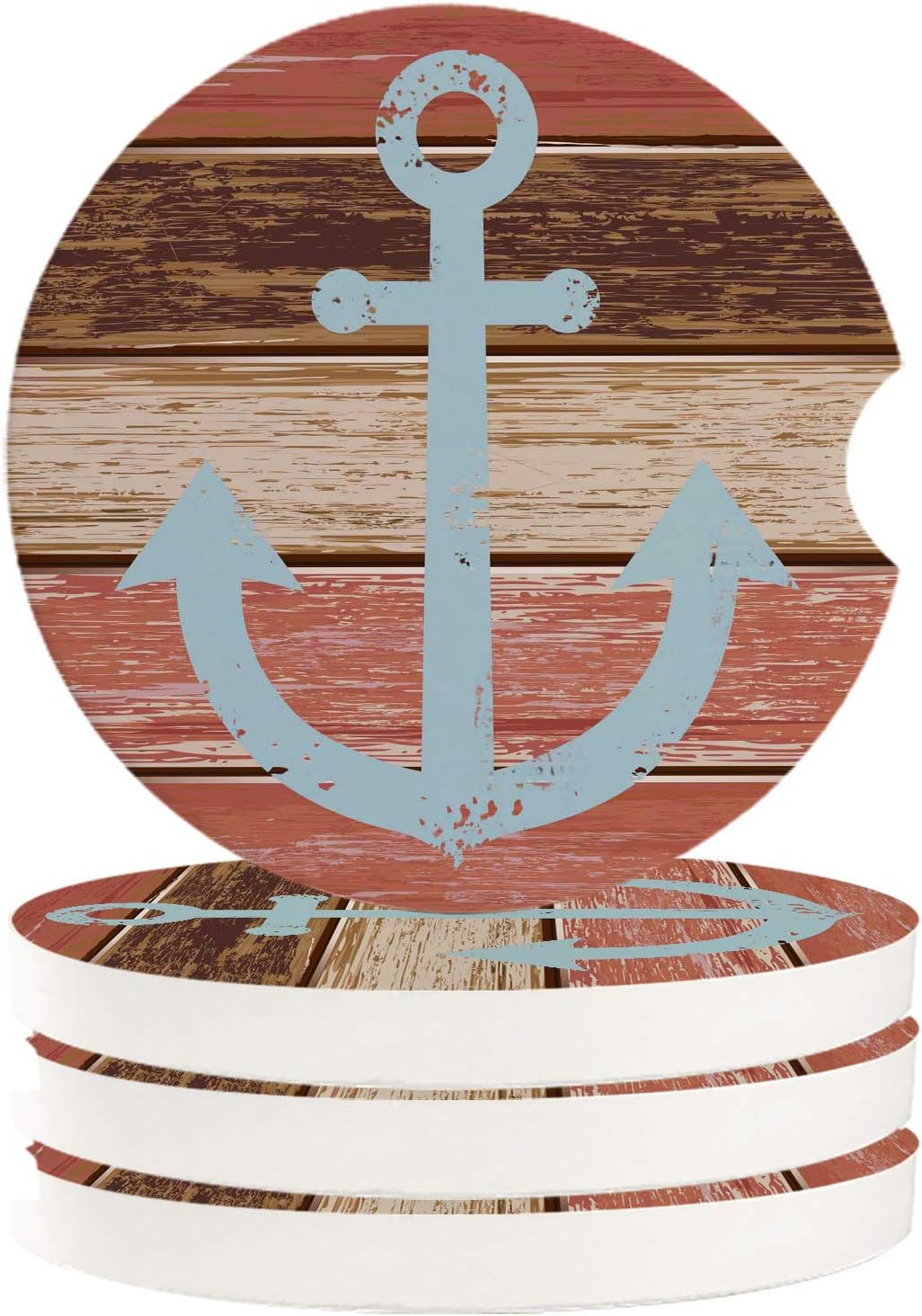 Car Coasters Absorbent Ceramic for Cup Holder Anchor on Red Weathered Wooden Planks Rustic Nautical Theme Anti Slip Cup Mat Set for All Cars Cup Holder Coasters for Cold Drink Set of 4