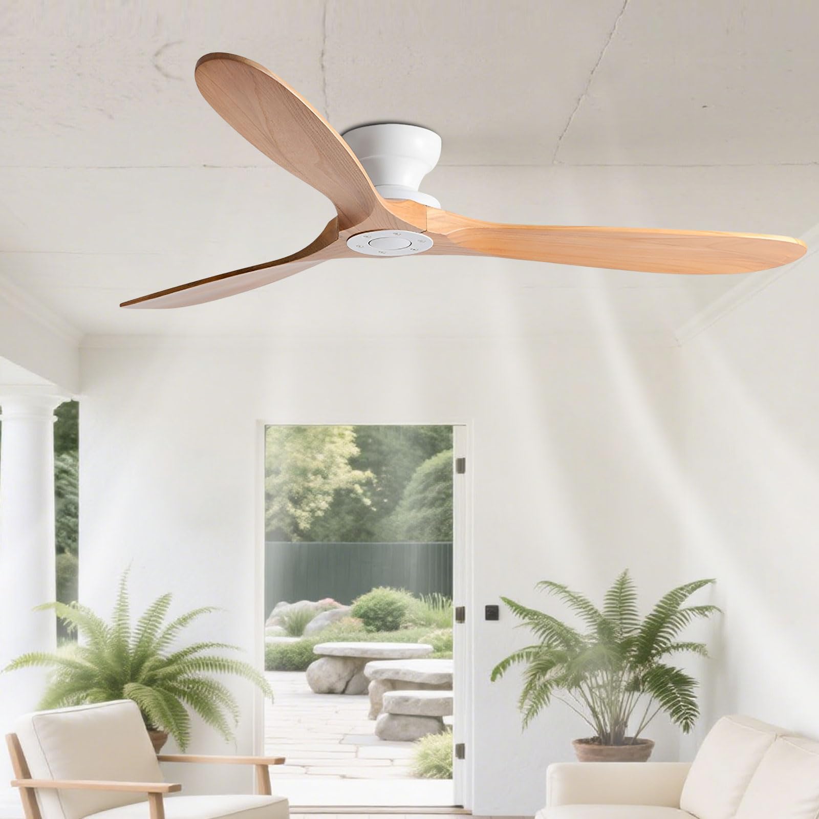 IBalody Solid Wood 52in Ceiling Fan Without Lights Flush Mount Ceiling Fans With Remote Control 6 Speeds, Wood Blades Modern Ceiling Fan No Light For Bedroom/Farmhouse/Patio/Indoor