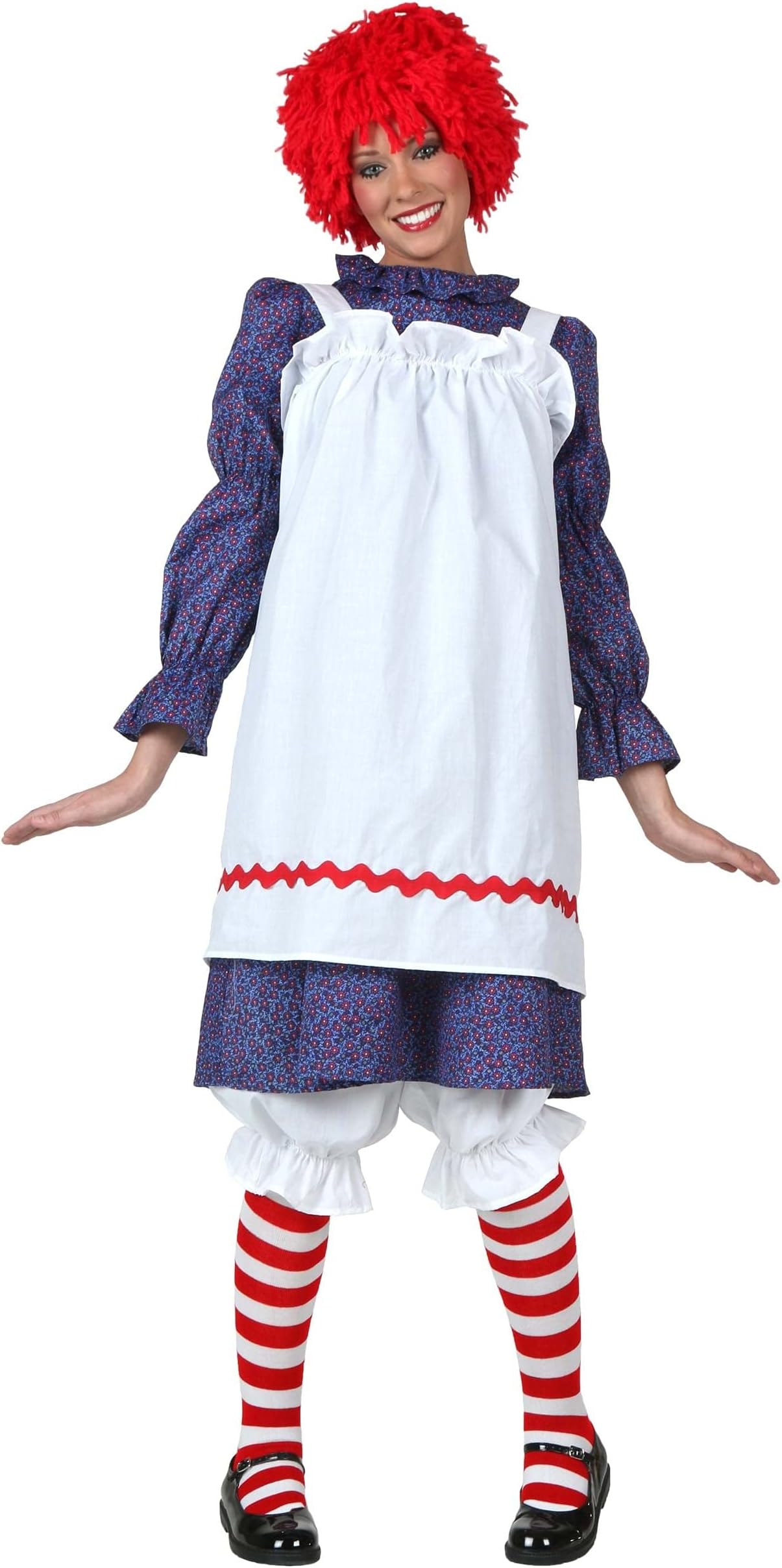 Fun Costumes Rag Doll Costume for Adults - Calico Dress with Apron, Bloomers, Striped Socks, and Yarn Wig