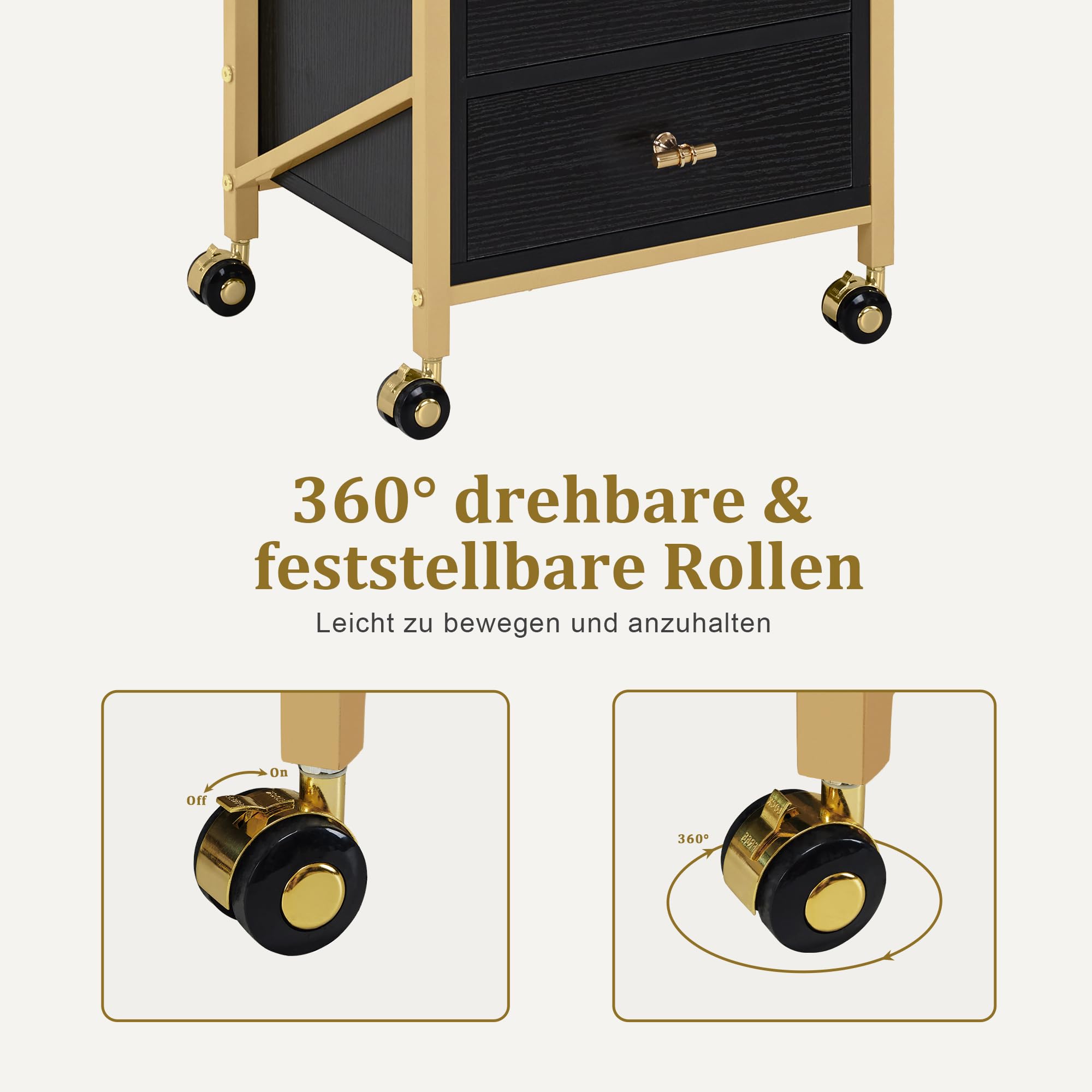 M MCombo Friseurwagen mit Rollen & 3 Schubladen, Rollwagen Servierwagen Schwarz-Gold, Salon Trolley mit 2 Ablagen & 2 Föhnhalter, Moderner Arbeitswagen für Bad Wohnzimmer, 30x40x97cm, 0048