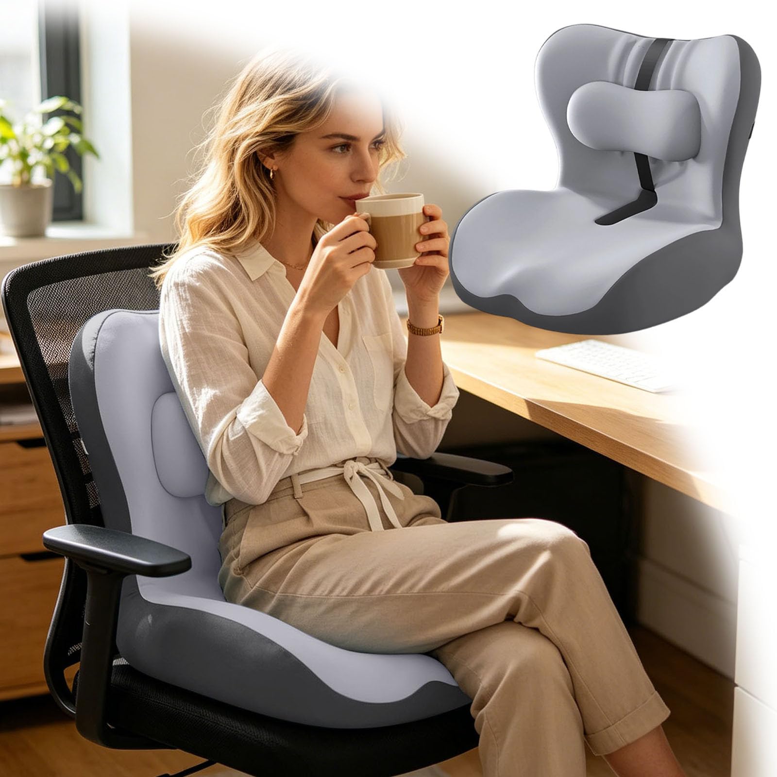 Generisch Cojín de espuma viscoelástica en forma de L integrado con soporte lumbar, cojín ortopédico para silla de oficina, respaldo ergonómico y cojín para el hogar, coche, silla de ruedas y sillas