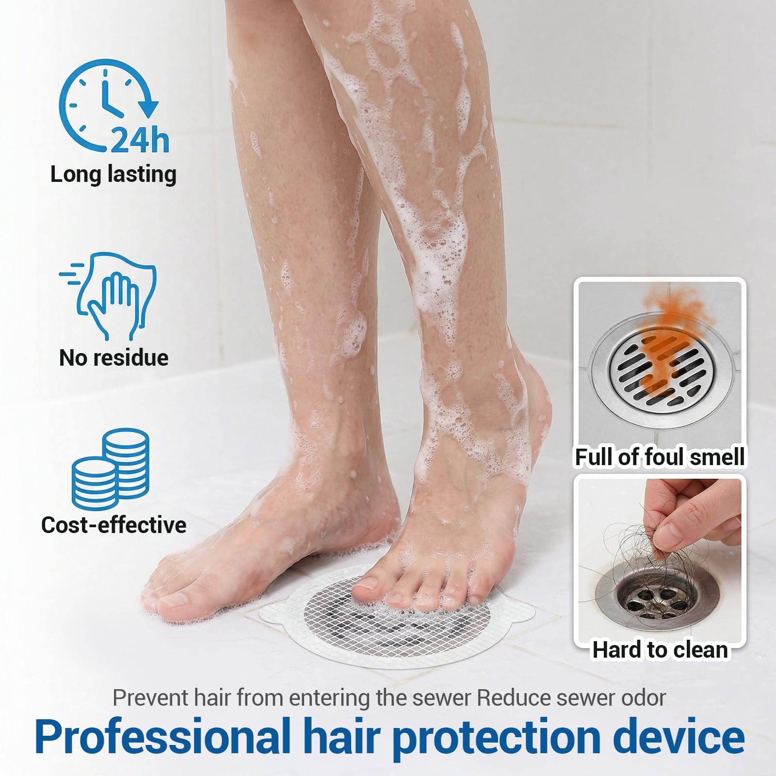 Paquete de 30 atrapapelos desechables para desagüe de ducha, pegatinas de malla de drenaje de ducha, trampa redonda para el cabello, cubierta de desagüe de 4.3 pulgadas, filtro de ducha para baño