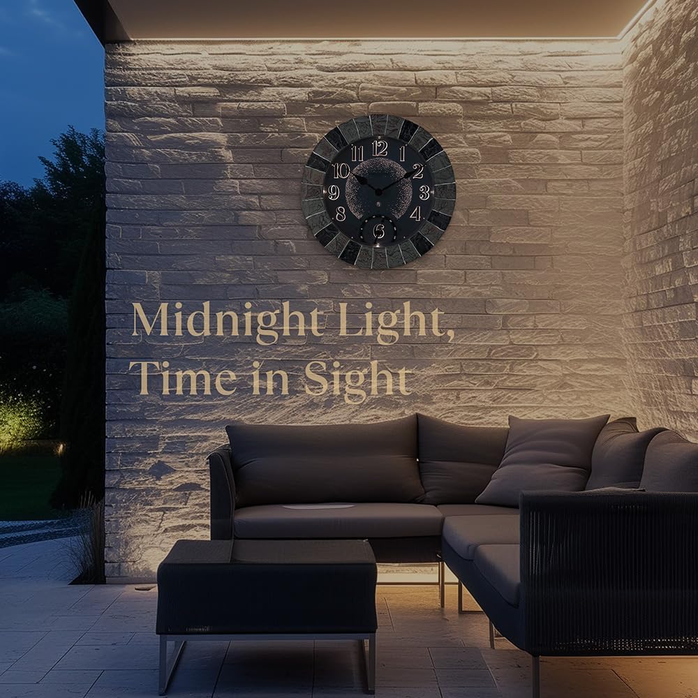 Presentime & Co 14" Illuminated in/Outdoor Clock with Smart Sensor and Night Light, Waterproof, Large Wall Clock with Thermometer, for Garden and Patio -Faux Slate.