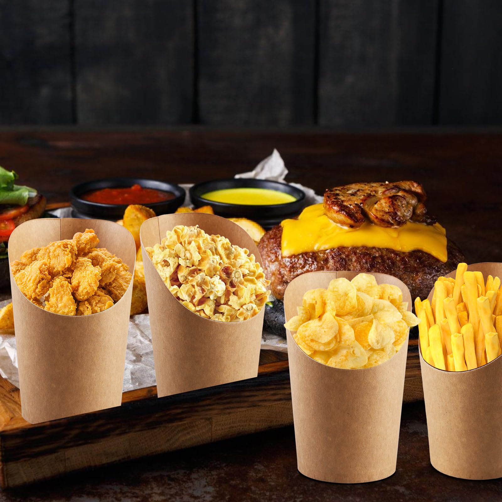 SPORWAY Sacs à frites en papier kraft : 100 pièces de 300 ml Sacs à gaufres à bulles pour frites, sac à frites en papier kraft, boîte à frites avec oblique, étanche et empilable pour frites, gaufres,