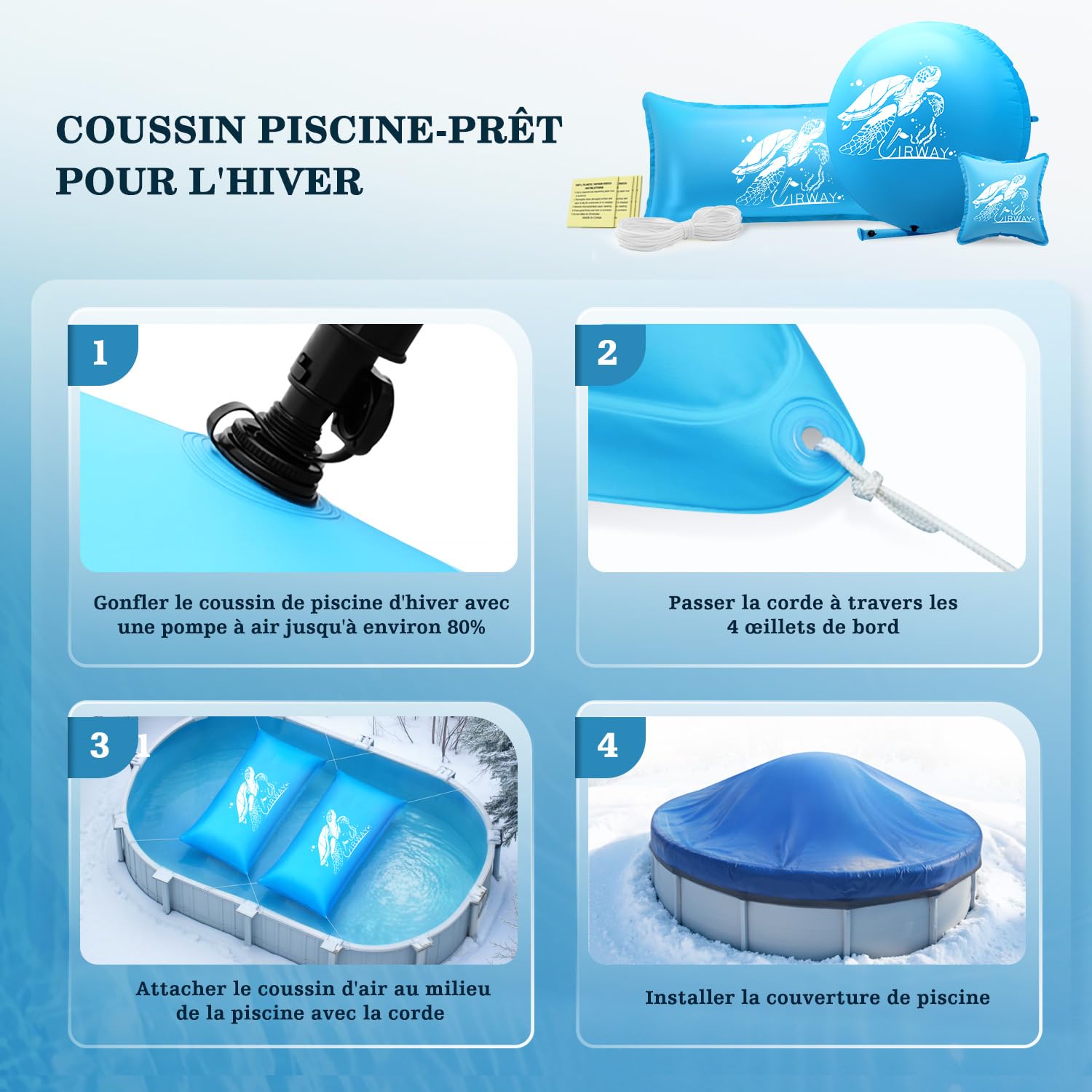 UIRWAY Coussin Piscine d'hiver XXL, Coussin de Piscine 200 cm x 400 cm avec Double Couture, Coussin d'hiver pour Piscine avec kit de réparation et Corde de 15 m
