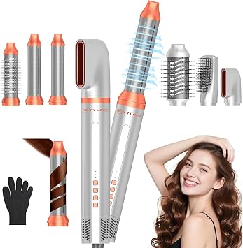 6-in-1 High-Speed Hair Dryer Brush Set, 110,000 RPM Brushless Motor for Fast Drying, 1200W Negative Ion Air Styler with Auto-Wrap Curlers, 4 Heat Settings, 110V-120V US StandardSilver