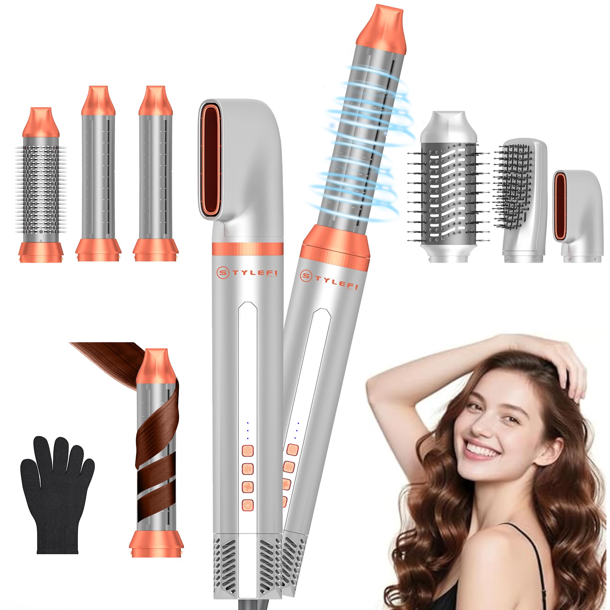 6-in-1 High-Speed Hair Dryer Brush Set, 110,000 RPM Brushless Motor for Fast Drying, 1200W Negative Ion Air Styler with Auto-Wrap Curlers, 4 Heat Settings, 110V-120V US Standard(Silver)