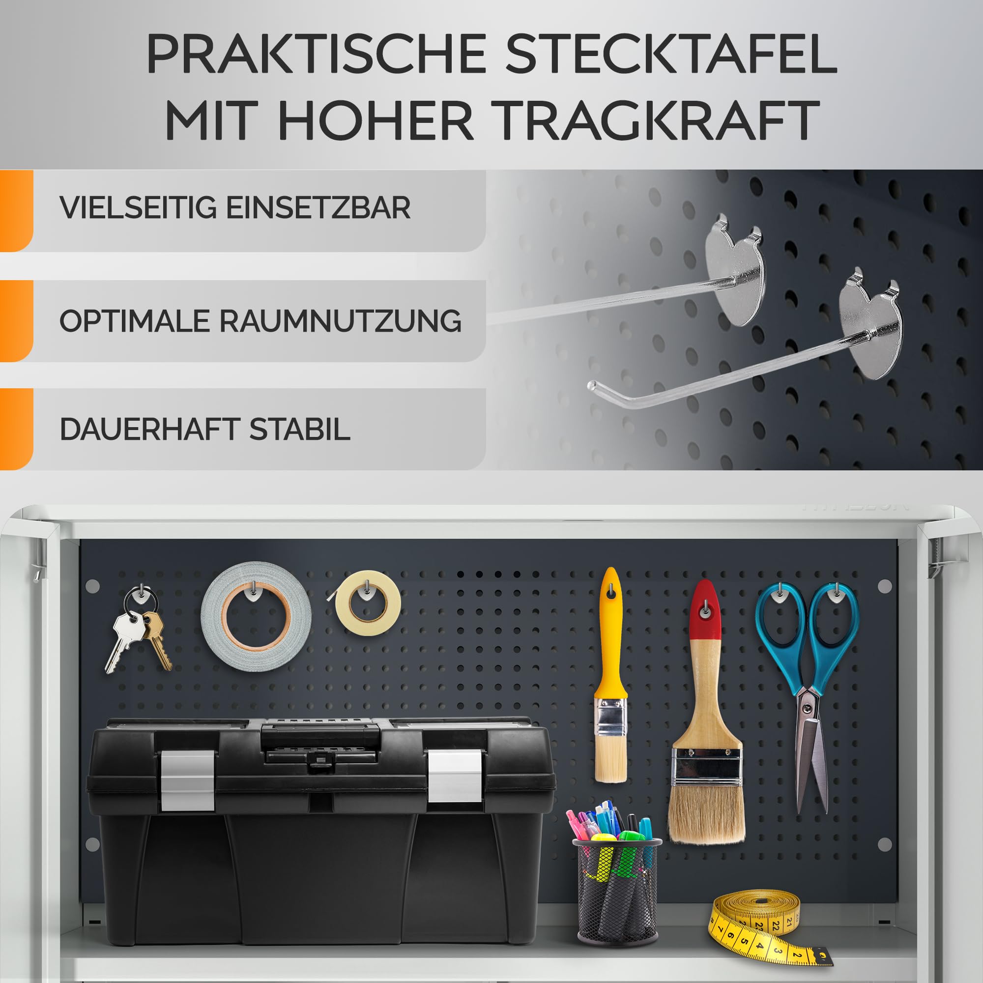 Aktenschrank – Metallschrank, Büroschrank mit Schloss & Steckwand – Werkzeugschrank, Aufbewahrungsschrank mit stabilem Stahlgehäuse & Magnettüren – Mehrzweckschrank für Büro, Werkstatt, Garage (Grau)