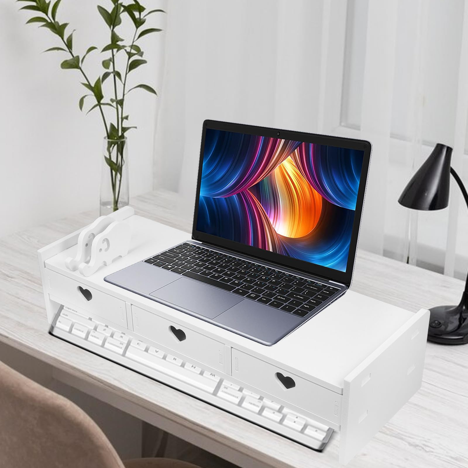 Supporto per Monitor Base Ergonomica e Cassetti da Scrivania, Rialzo in PVC e Legno-Plastica Bianco, Organizer Integrato per Computer, Adatto a Uffici e Smart Working