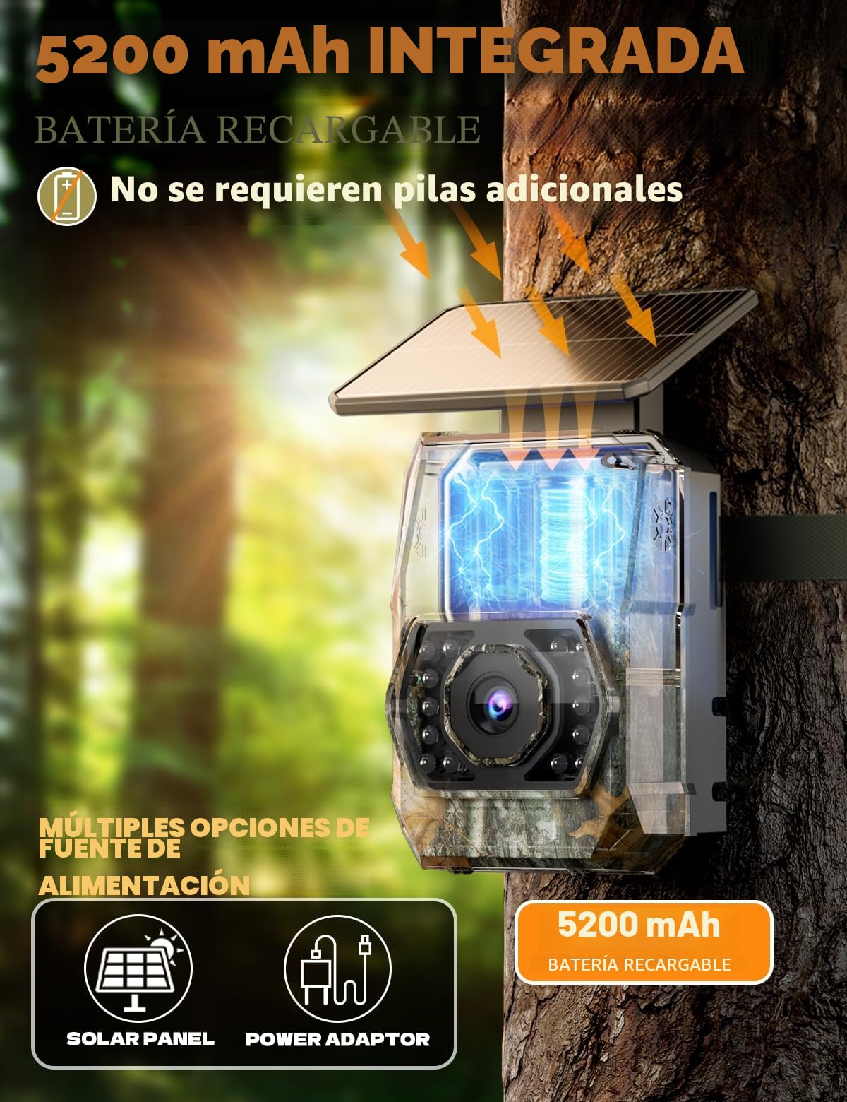 Cámara de Caza Solar WiFi 4K 60MP con Batería Recargable de 5200 mAh, Camara Fototrampeo con Visión Nocturna, 0.1s Tiempo de Activación, IP66, Observación de Animales, con Tarjeta SD de 32GB