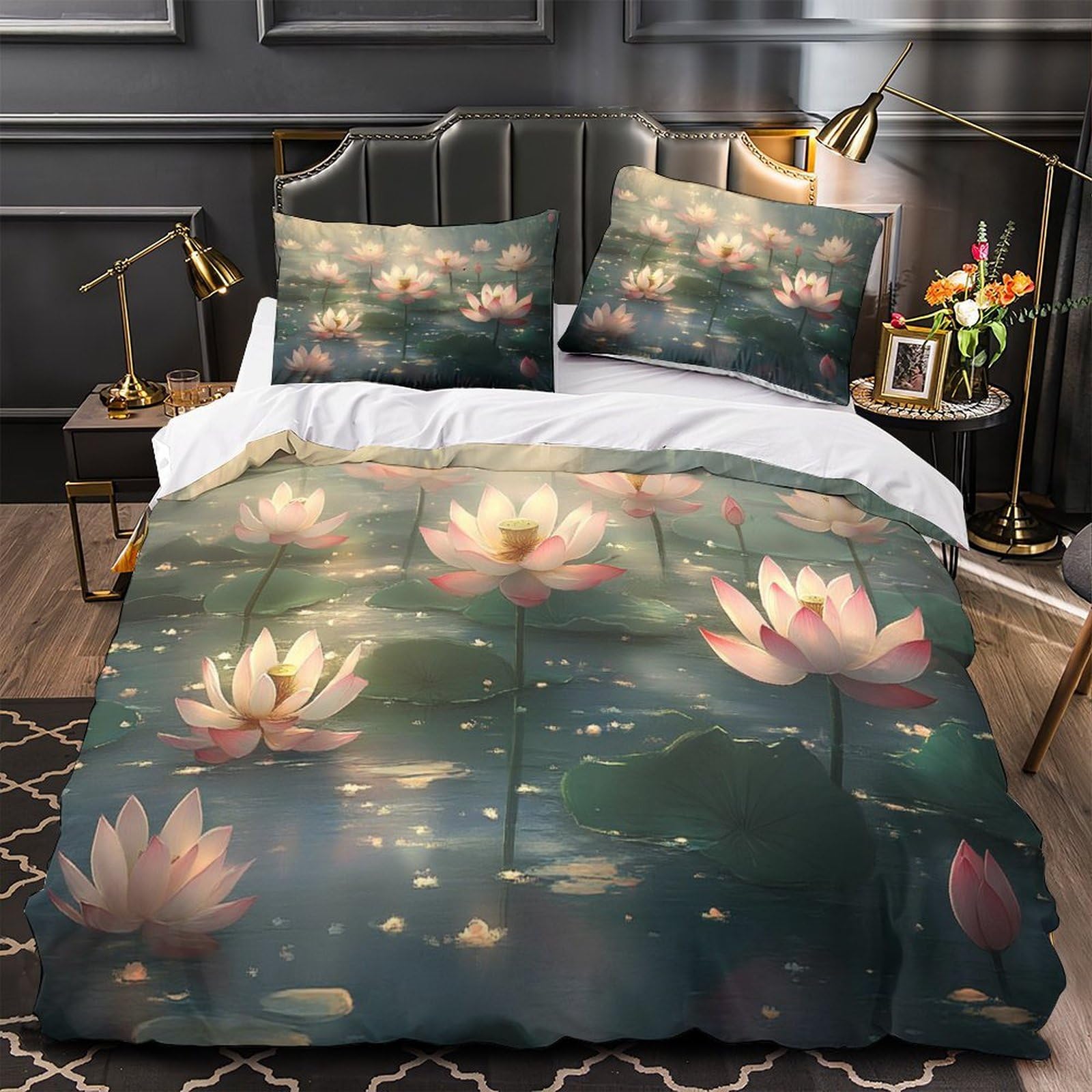 Housse de couette fleurs de lotus 3D haut de gamme en microfibre drap de lit King