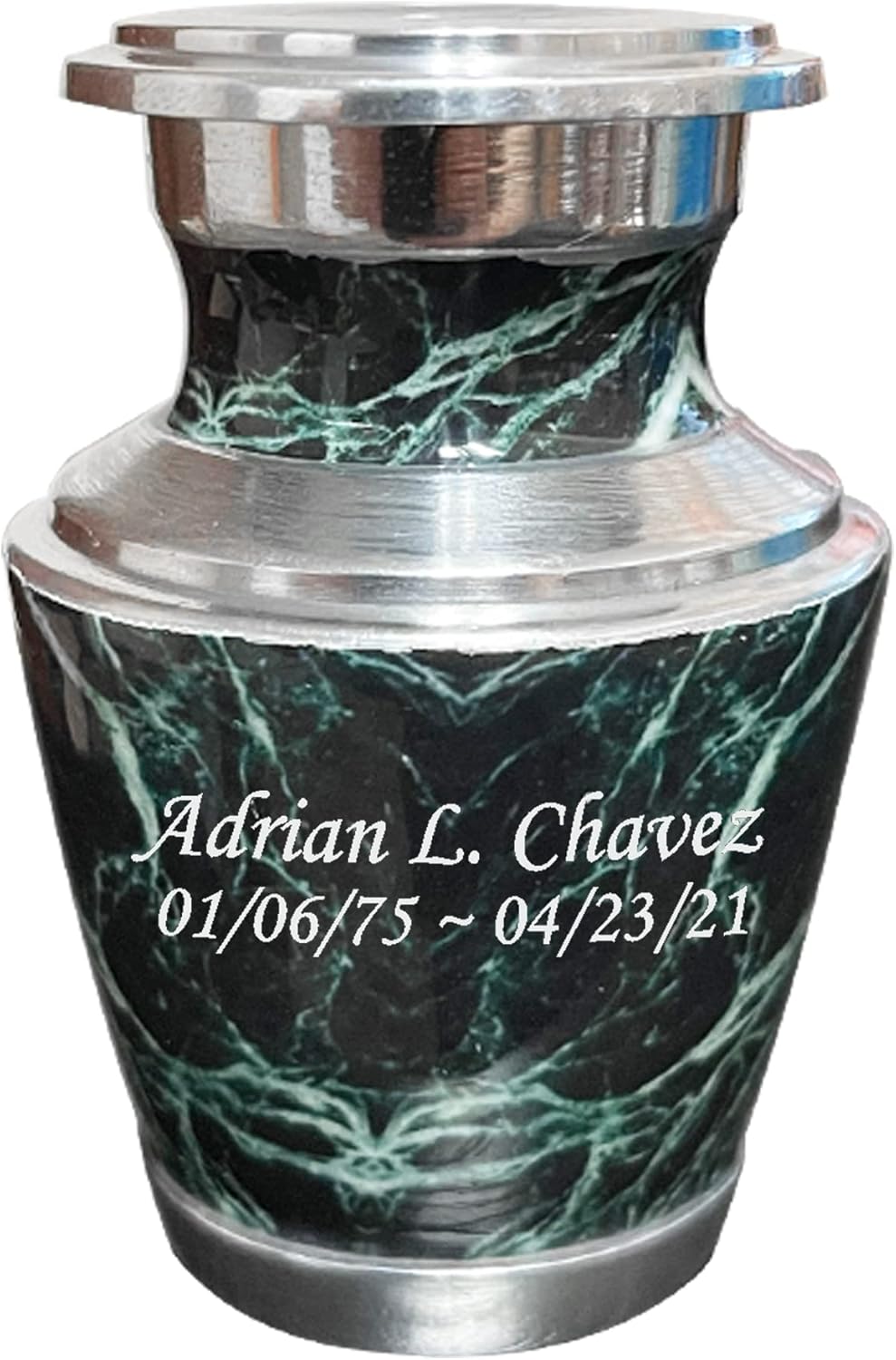Cremation Urn, Urns for Human Ashes, Personalized Marble Finish Metal Funeral Urn with Velvet Bag (Green Keepsake)