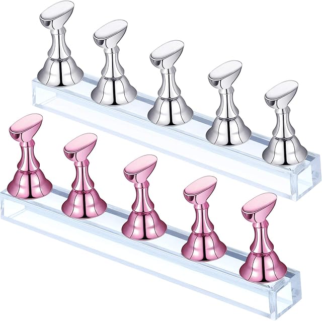 2 Sets Acrylic Nail Display Stand Nail Practice Stand Magnetic Nail Practice Holder Fingernail DIY Nail Design Stand for False Nail Manicure Tool (Pink and Silver)