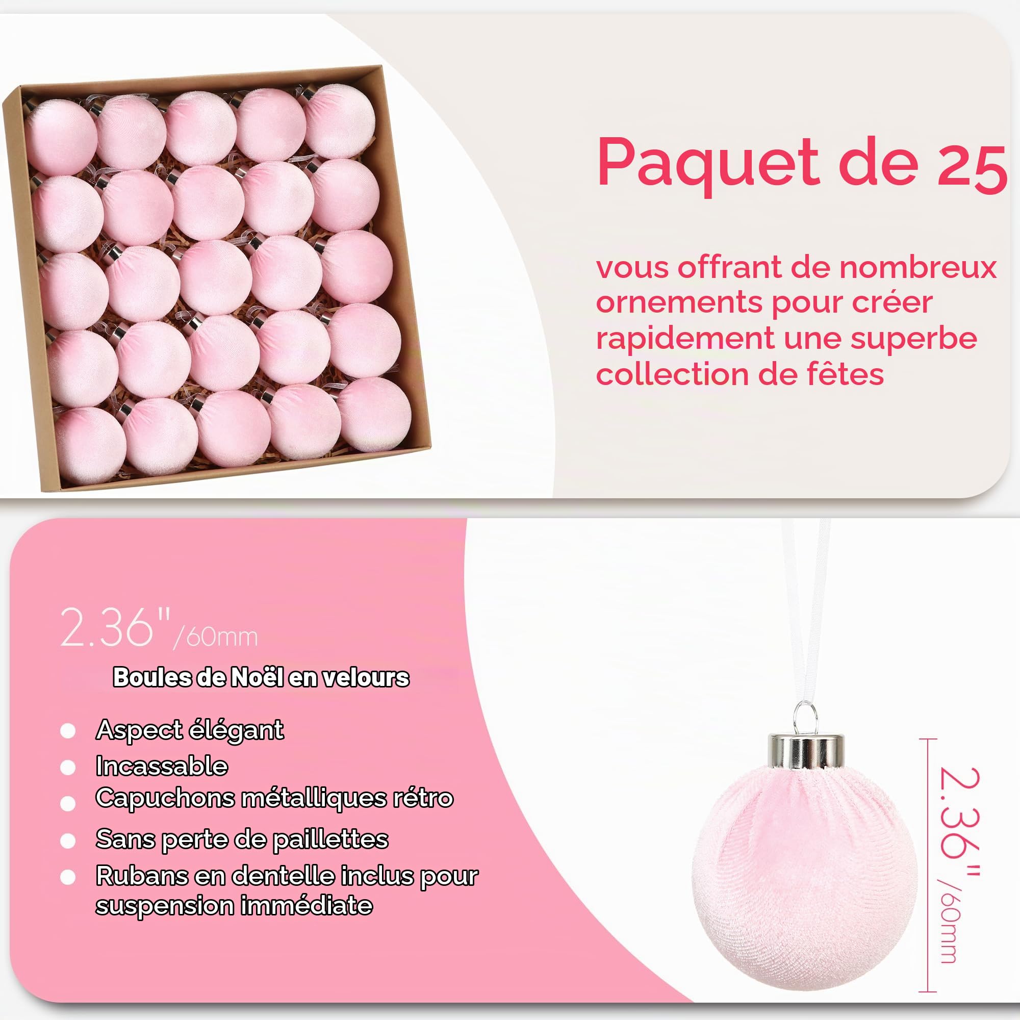 Sea Team 25 Boules Noël Velours floqué incassables 60mm Rose | Boules en velours floqué, incassables, pour sapin, guirlande, couronne.