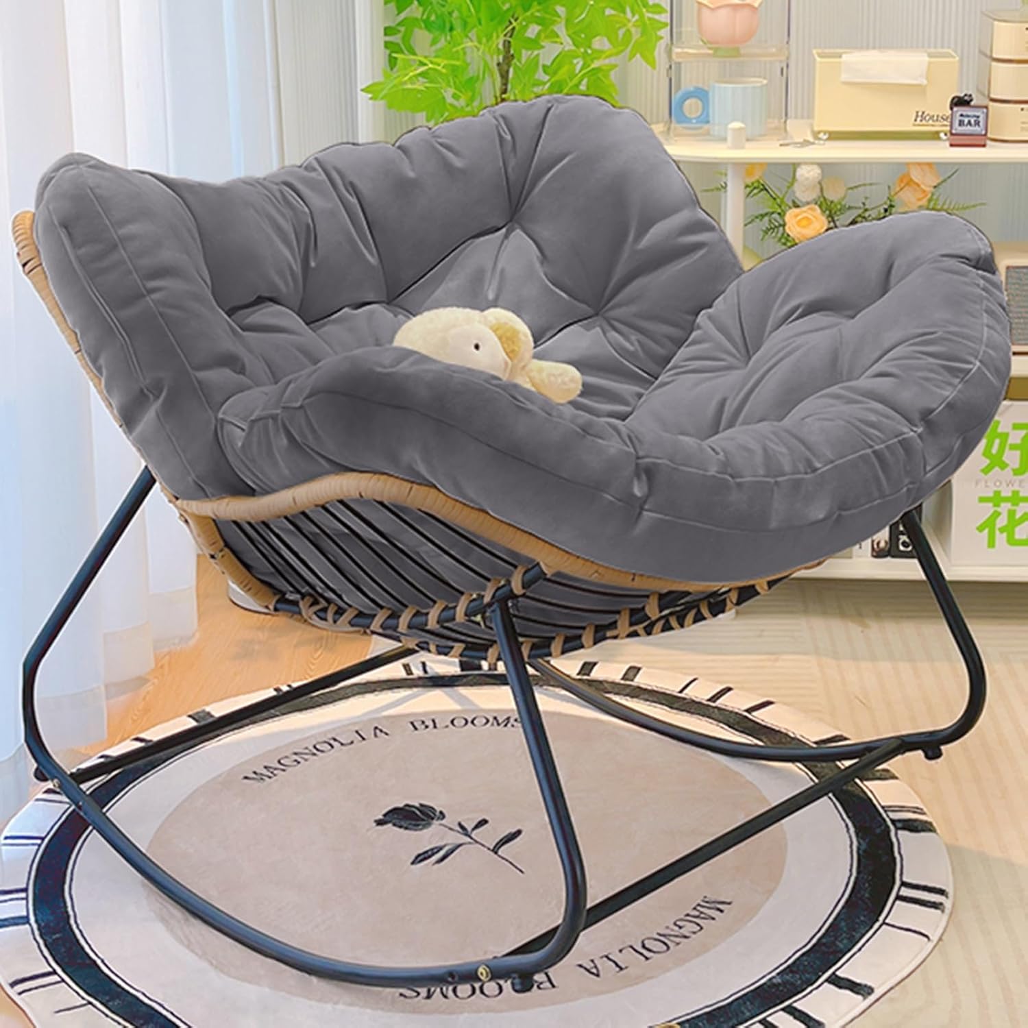 Rattan Rocker Padded Cushion Recliner Outdoor, Comfy Patio Chair, Oversize Indoor Reading Chair, Rattan Rocking Chair for Balcony Front Porch Garden Patio Backyard(Beige,92 * 76 * 65.5cm)