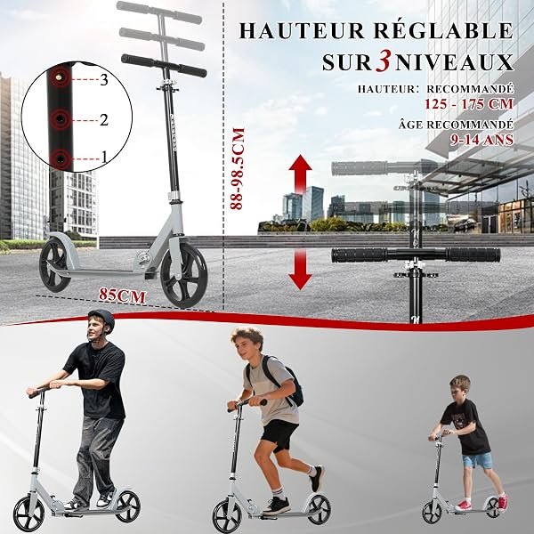 Trottinette Ado Pliable, Trottinette Adolescent avec Guidon Hauteur Ajustable 3 Niveaux, Trotinette Enfant Grande Roue 200MM Résistant, Trotinette Enfant/Ado 9-14Ans 125-175CM Charge 100KG - 2