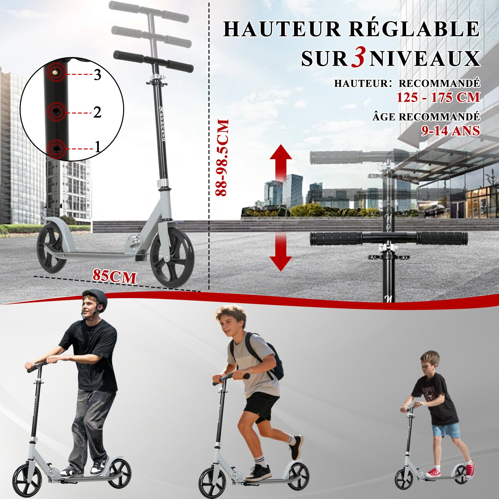 Trottinette Ado Pliable, Trottinette Adolescent avec Guidon Hauteur Ajustable 3 Niveaux, Trotinette Enfant Grande Roue 200MM Résistant, Trotinette Enfant/Ado 9-14Ans 125-175CM Charge 100KG