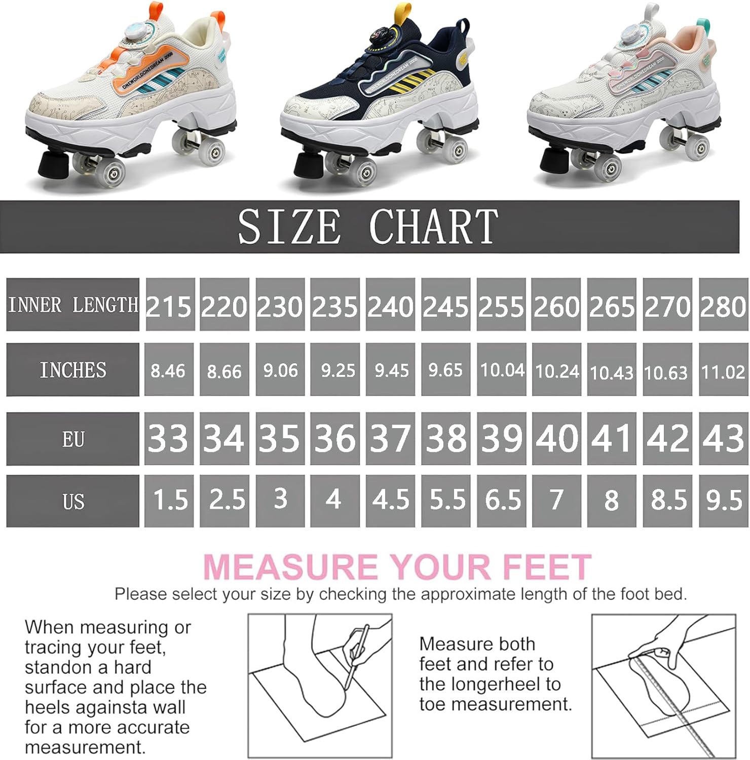 2 in 1 Deformation Roller Shoes, Roller Skate Shoes Outdoor with Detachable Brake Removable Pulley Skates Sneakers Skating Parkour with Wheels for Girls Boys