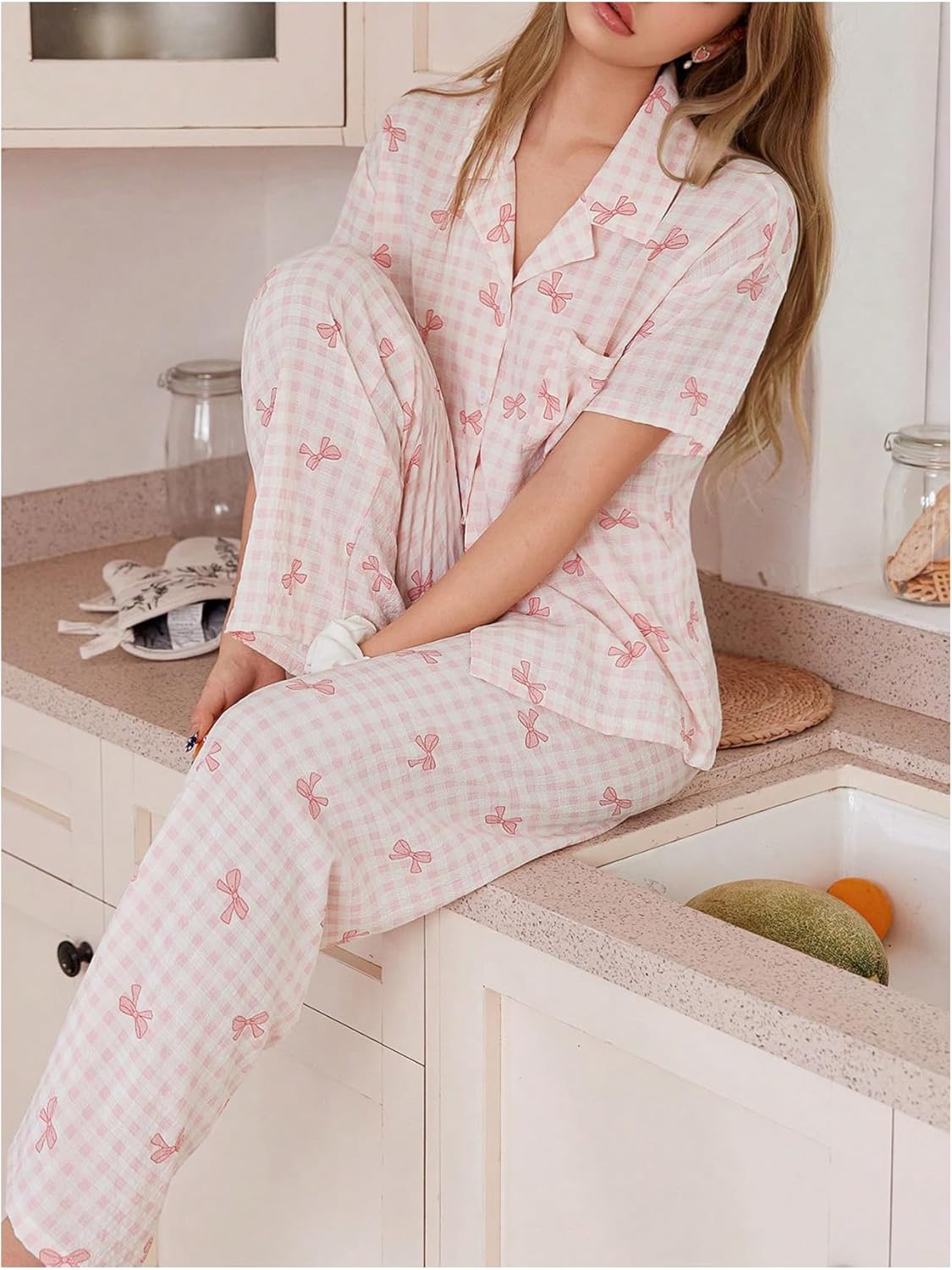 SHENHE Women's Bow Pajamas Button Down Short Sleeve Pjs Pants Set Coquette Loungewear - Image 4