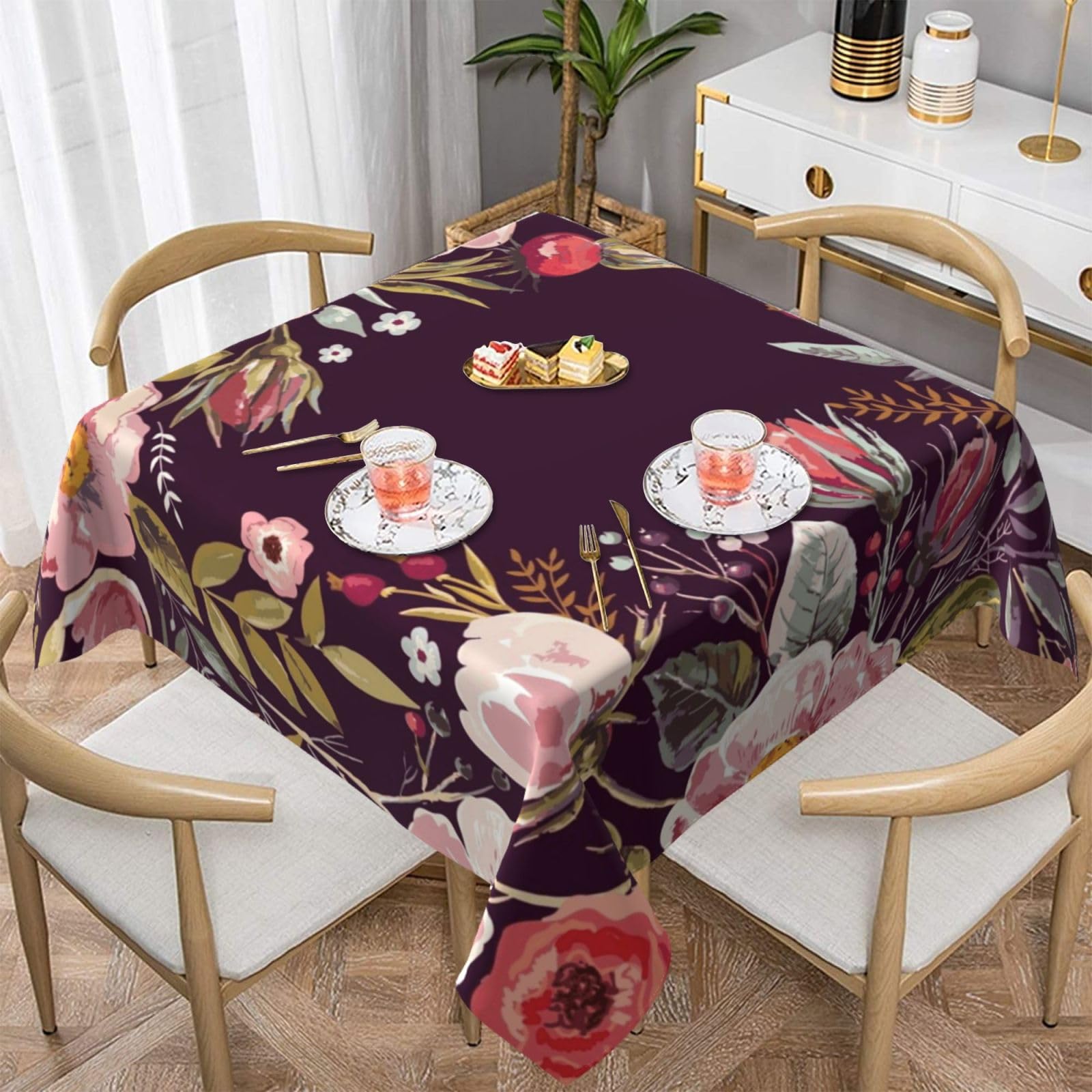 DCEHGEW Floral Prints Square Tablecloth 152x152 CM, Waterproof Fabric Table Cloth for Dining Table, Farmhouse Table Cover for Kitchen Dining Tabletop Decoration