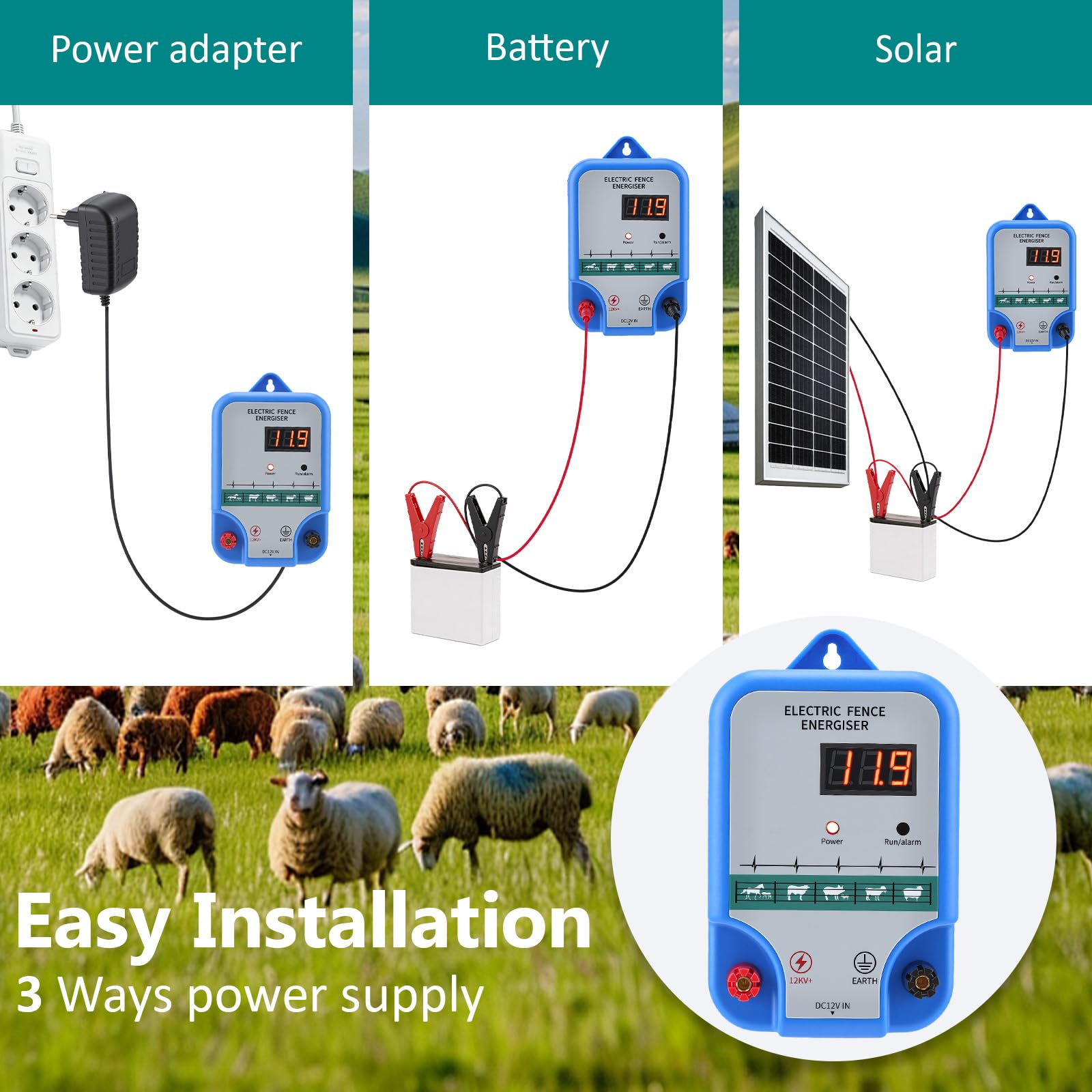 15KM Pastor Electrico 12V, 2.0J de Alta Potencia Pastor Electrico Bateria para Ganado y Animales Cerca Con Pantalla Led Alcance, Para La Protección De Ganado Ovejas Aves De Corral Pastos Jardines