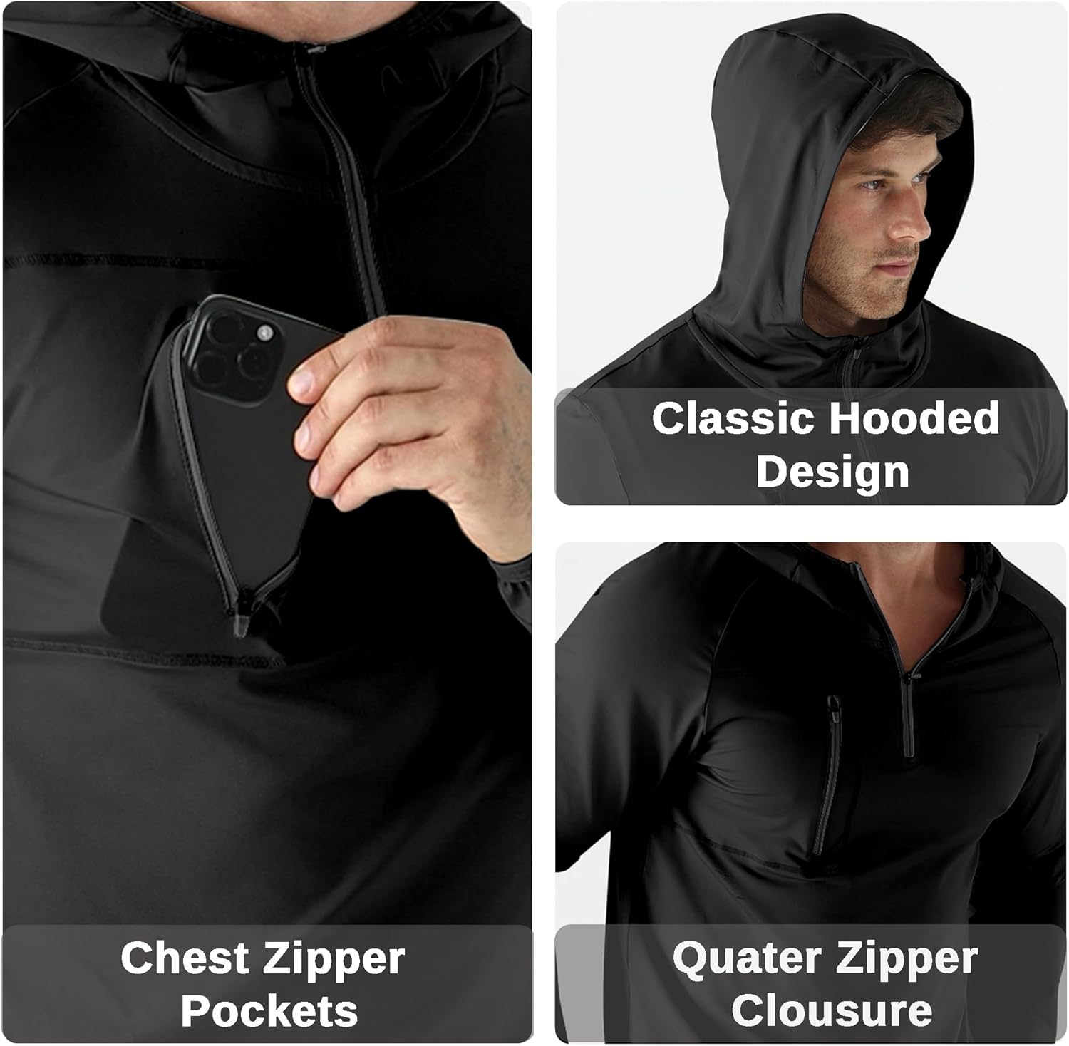 Mens Quarter Zip Running Hoodie Sweatshirts,Lightweight Workout Pullover Jacket with Pockets - Image 4