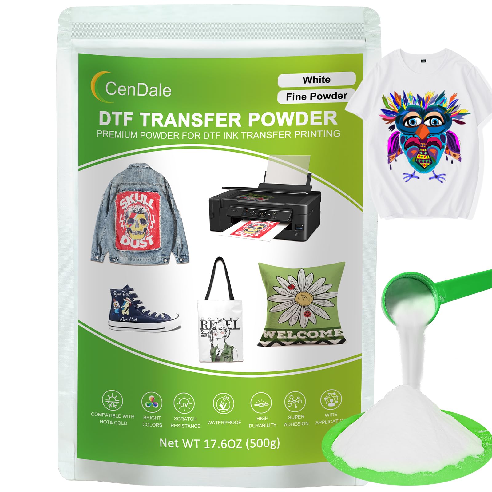 CenDale DTF Powder, 500g / 17.6oz White Fine Hot Melt Adhesive Digital DTF Transfer Powder for Sublimation, Compatible with DTF/DTG Printers, DTF PreTreat Powder for All Fabric Jeans Cotton T-Shirt
