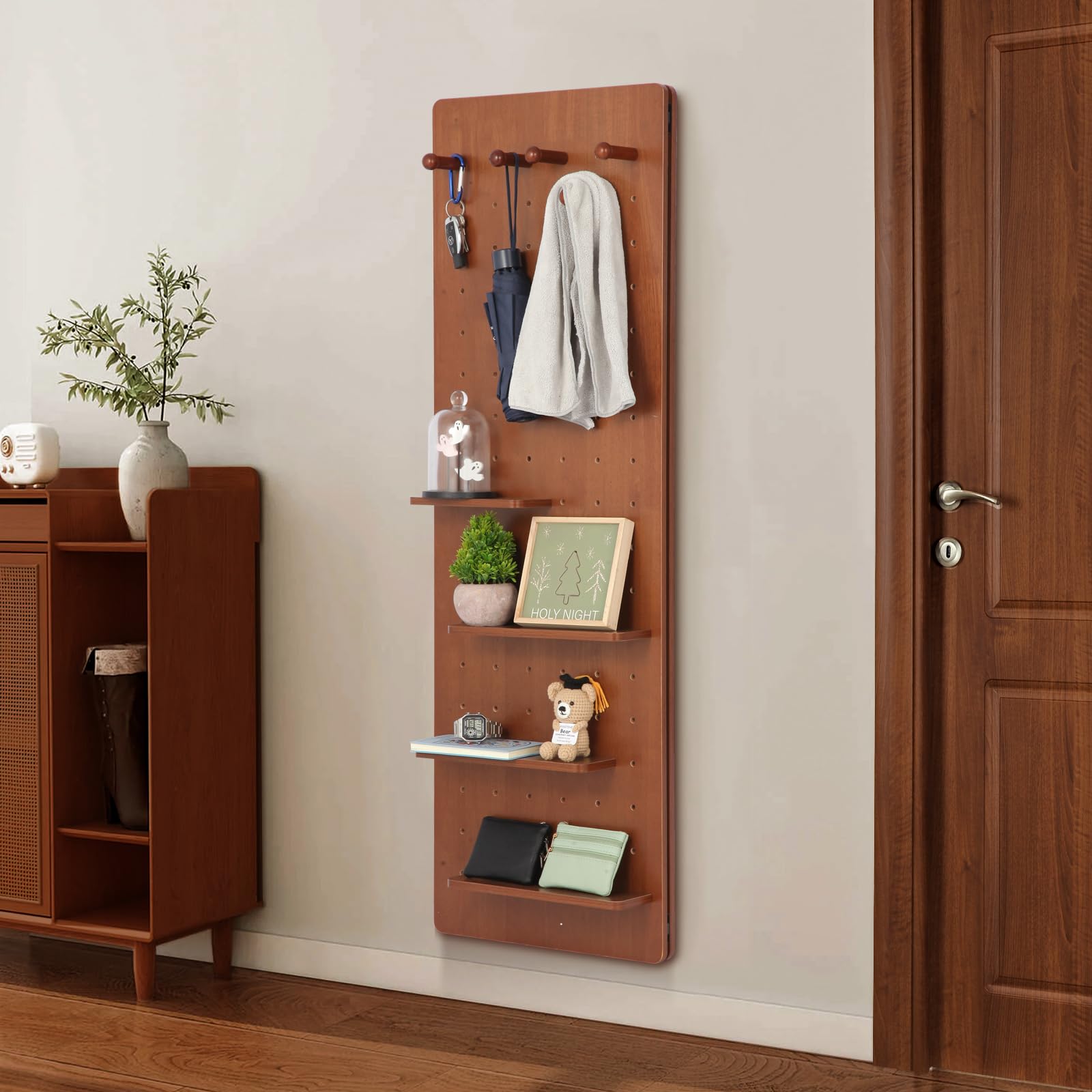 Milan Pacific Wall-Mounted Full-Length Mirror with Shelves, Rubber Wood Frame, 47.64 x 15.75 inches, Walnut
