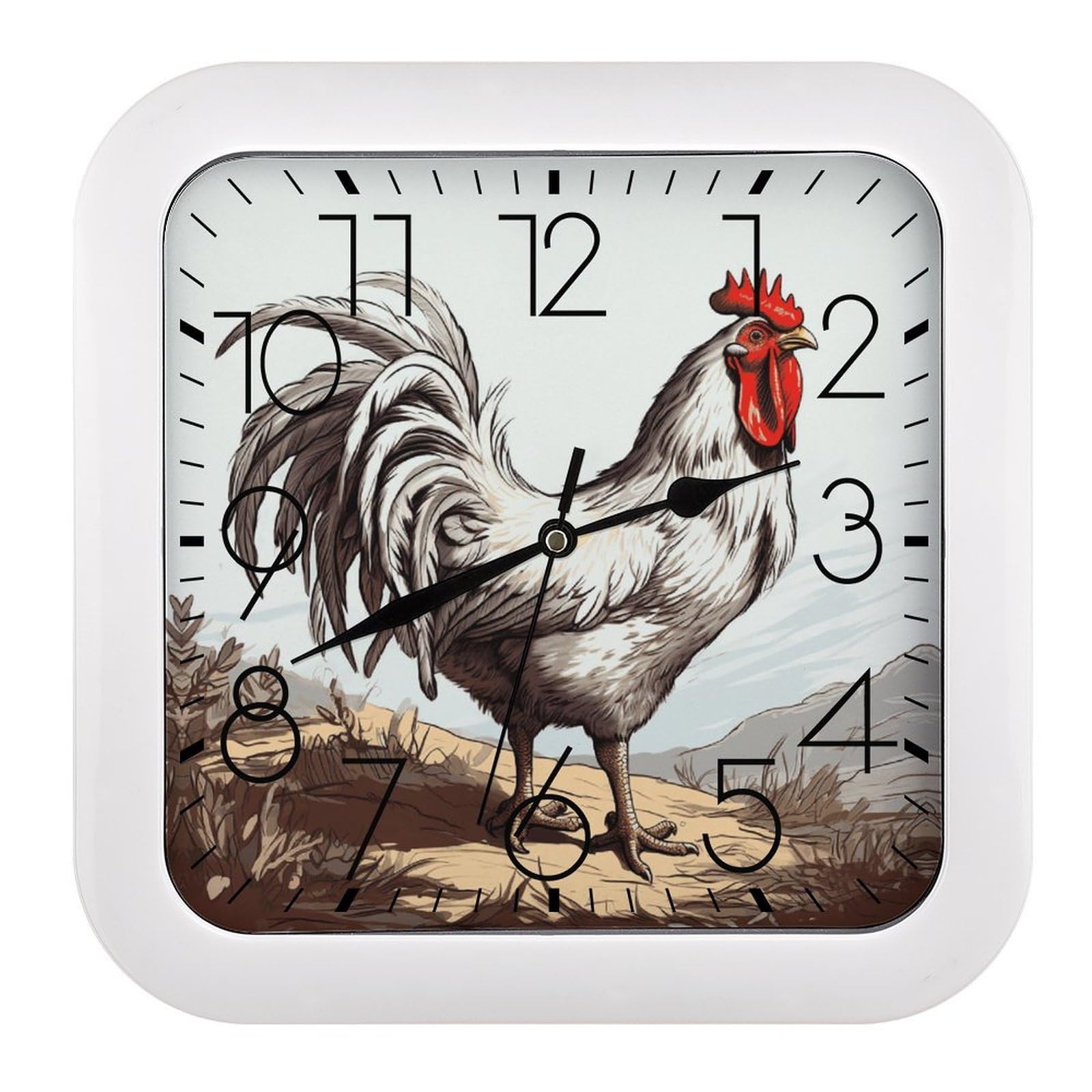 NTVOWPZO 10 Inch Wall Clock Chicken Sketch Battery Operated Wall Clocks Silent Non-Ticking Square Wall Clock for Living Room Kitchen Home Office Wall Decorative Clocks