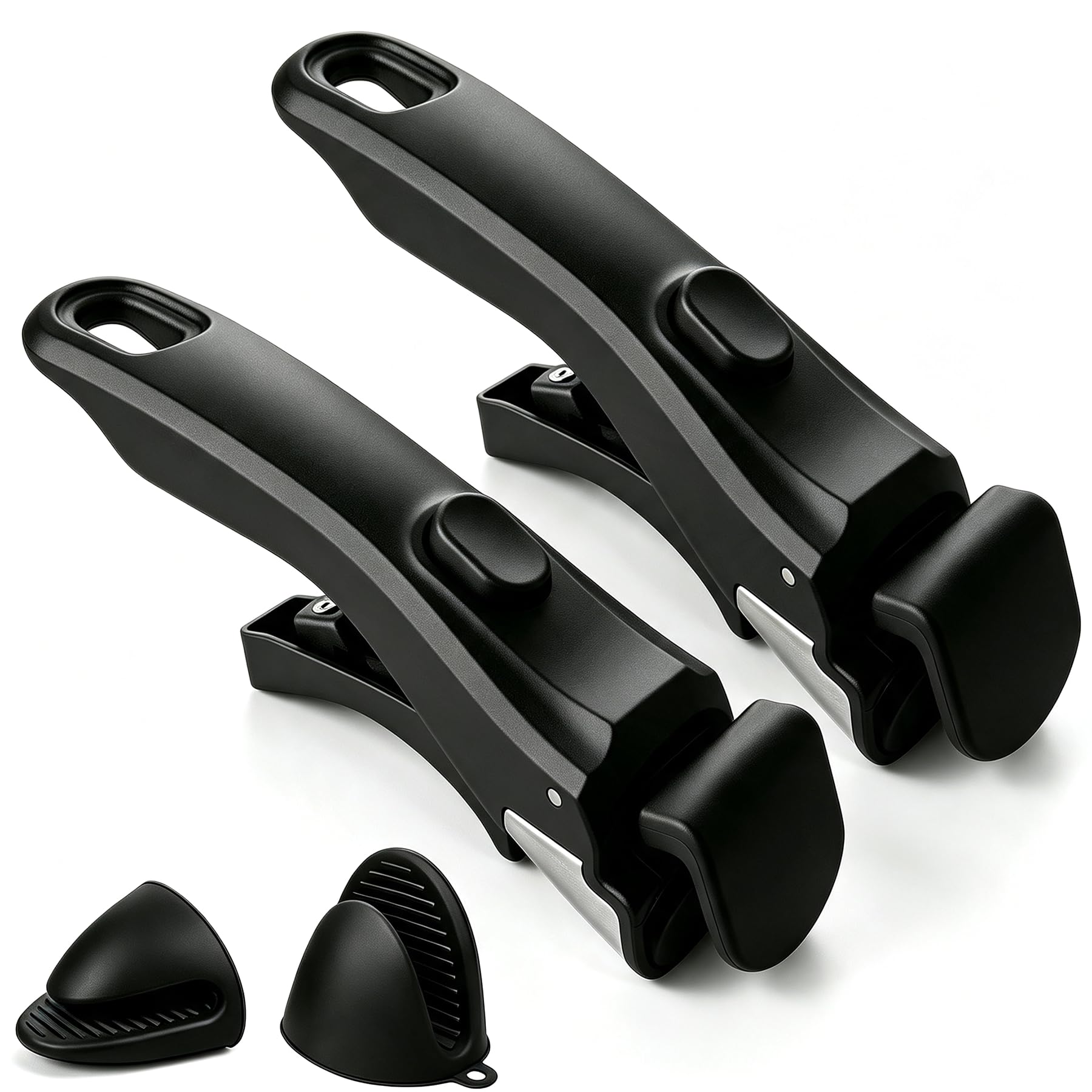 Mango extraíble, 2 asas desmontables con guantes de horno de silicona resistentes al calor, mango universal para sartén, asas de repuesto para ollas y sartenes, se adapta a todos los utensilios de
