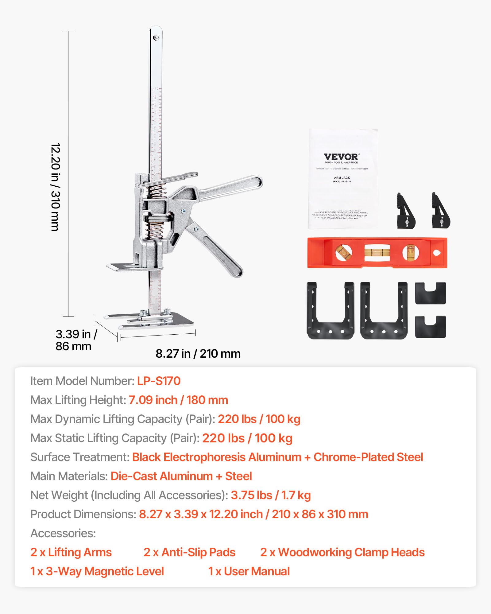 VEVOR Cric à Bras 2PCs, Lève Meubles Portes Plaques avec Capacité 100 kg, Outil de Levage Manuel en Métal, Hauteur Réglable jusqu'à 18 cm, avec Niveau Magnétique, pour Fenêtres, Installation, Argent