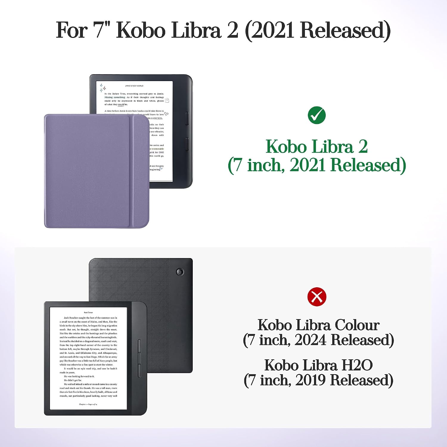 Magnetic Detachable Case for Kobo Libra 2 (2021), Slim PU Leather Case and Ultra Clear TPU Back Cover with Auto Wake/Sleep, Dusty Lavender