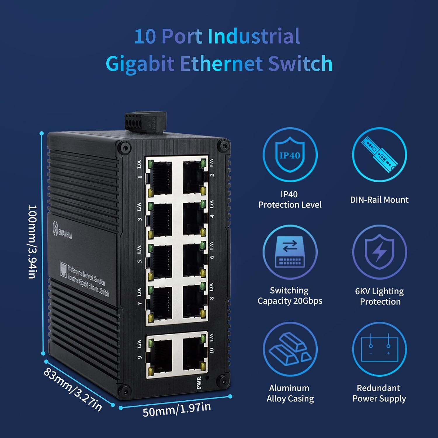 10-Port Gigabit Mini Unmanaged Ethernet Switch, 8 RJ45 Ports + 2 Gigabit Uplink Ports, Compatible with 10/100/1000Mbps, Din-Rail or Wall Mount, 20Gbps Backplane Bandwidth Traffic Optimization