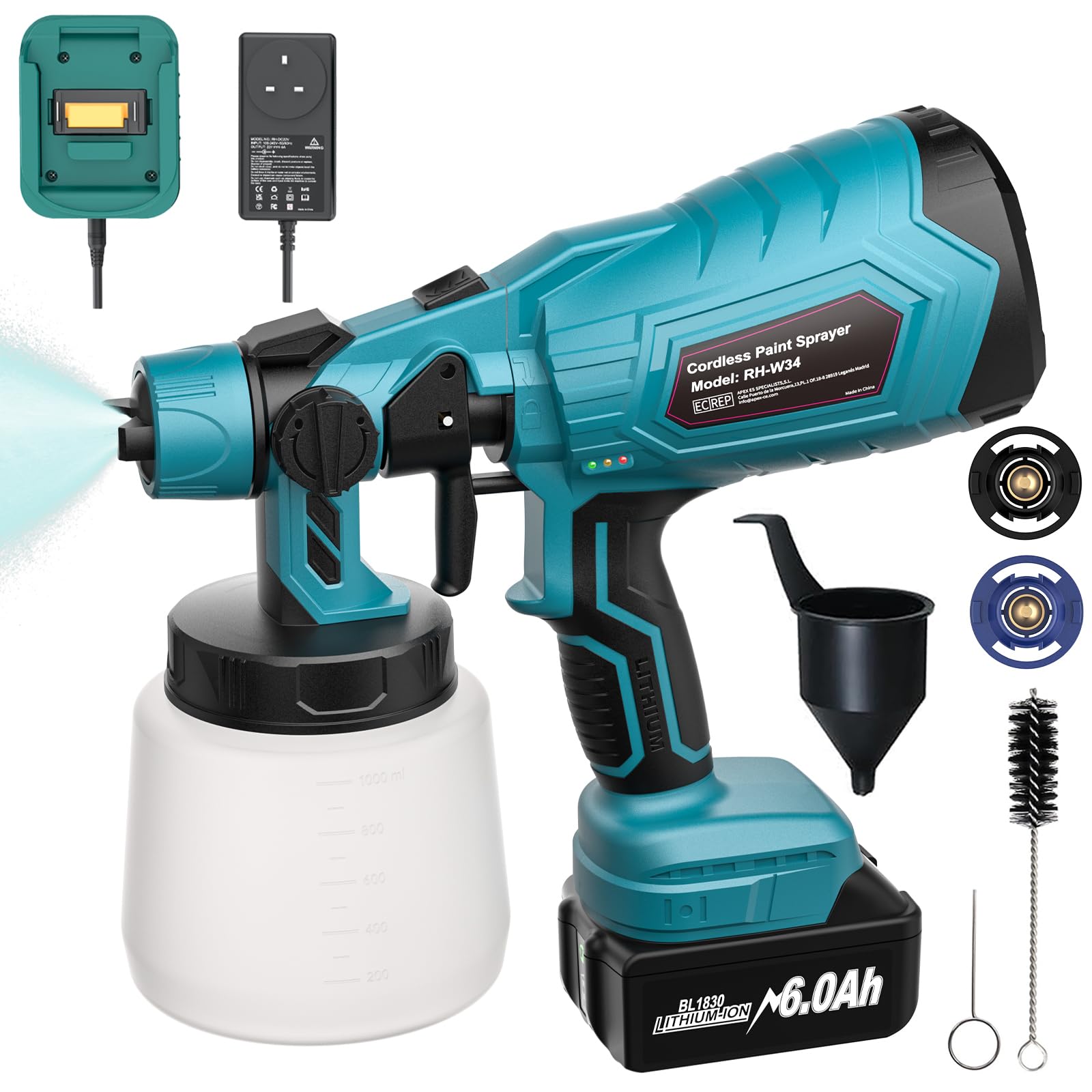 Cordless Paint Spray Gun and 8000mAh Battery Charger Handheld Paint Spray suitable for Garden Fence, Wall, Furniture, Ceiling paint Sprayer