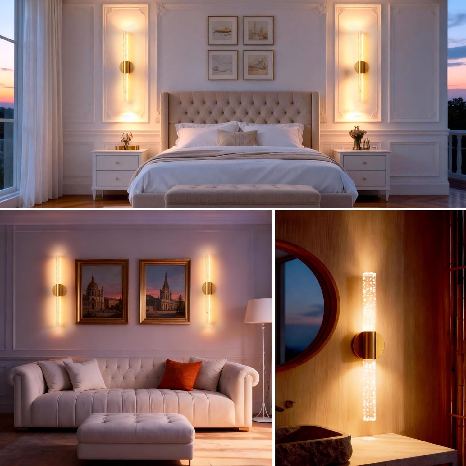 Battery Operated Wall Sconce Set of 2, Gold Rechargeable Wall Light with Remote Control, 3000K-6500K Dimmable Wireless Wall Lamp for Bedroom Living Room Bathroom Hallway